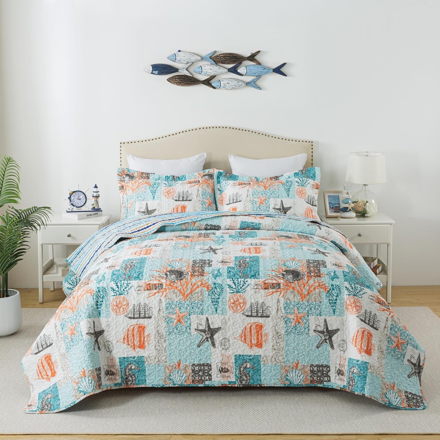 HoneiLife King Quilt Bedding Set 3 Pieces Coastal Quilt