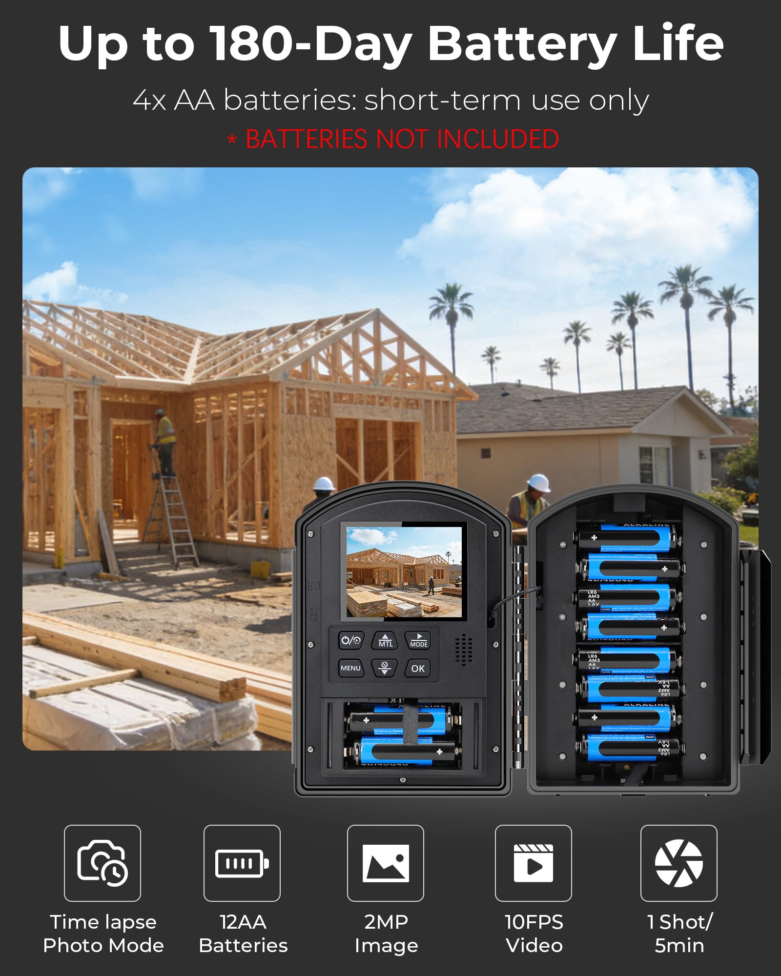 Caméra Time Lapse Extérieur 1080P AVI 64 Go Enregistrement 180 jours Infrarouge Construction Croissance des Plantes
