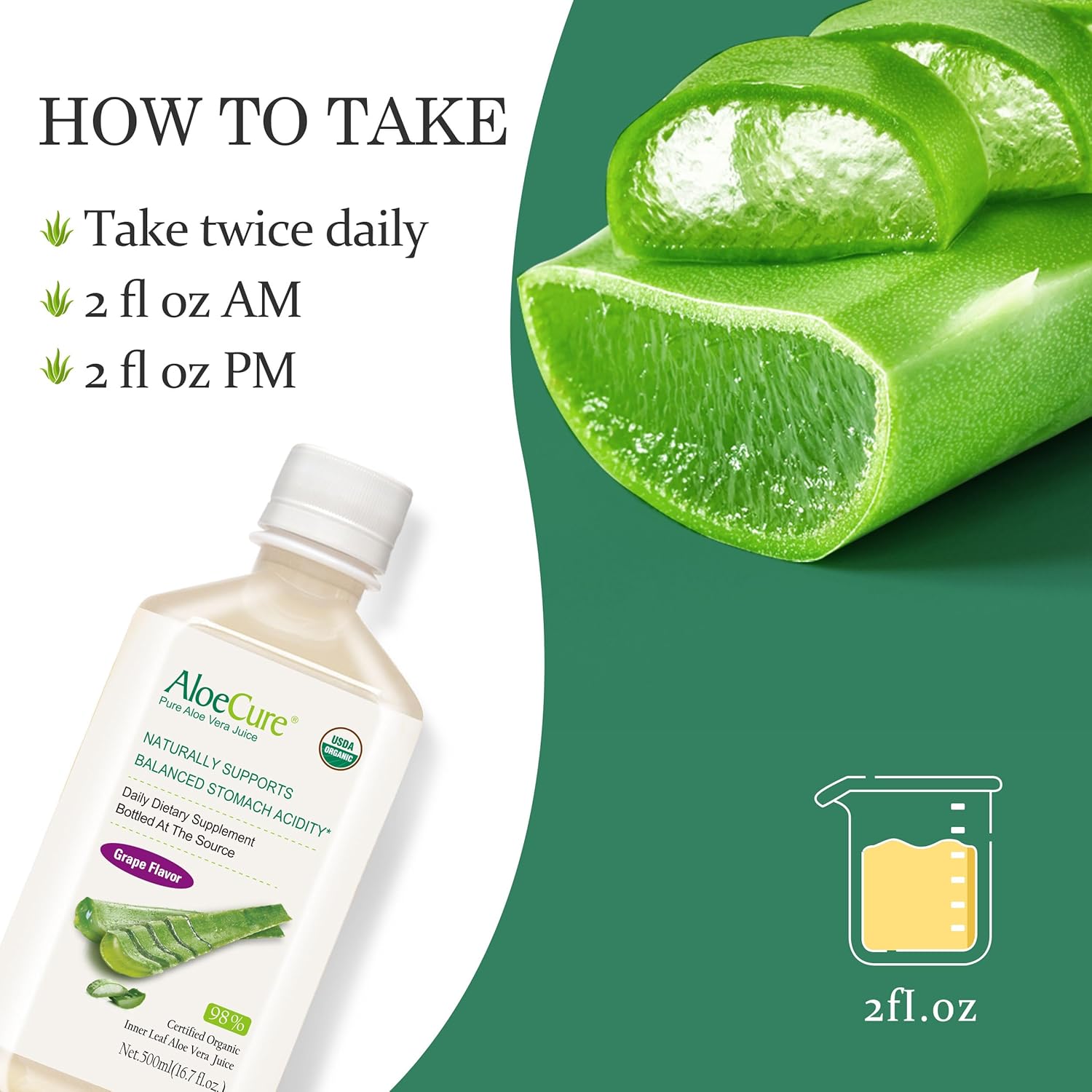 AloeCure USDA Organic Aloe Vera Juice Grape Flavor, Made Within 12 Hours of Harvest - Pure Aloe Vera Digestive & Immune Health Supplement, Helps Maintain Balanced Stomach Acidity, 16.7oz x 4 Btls