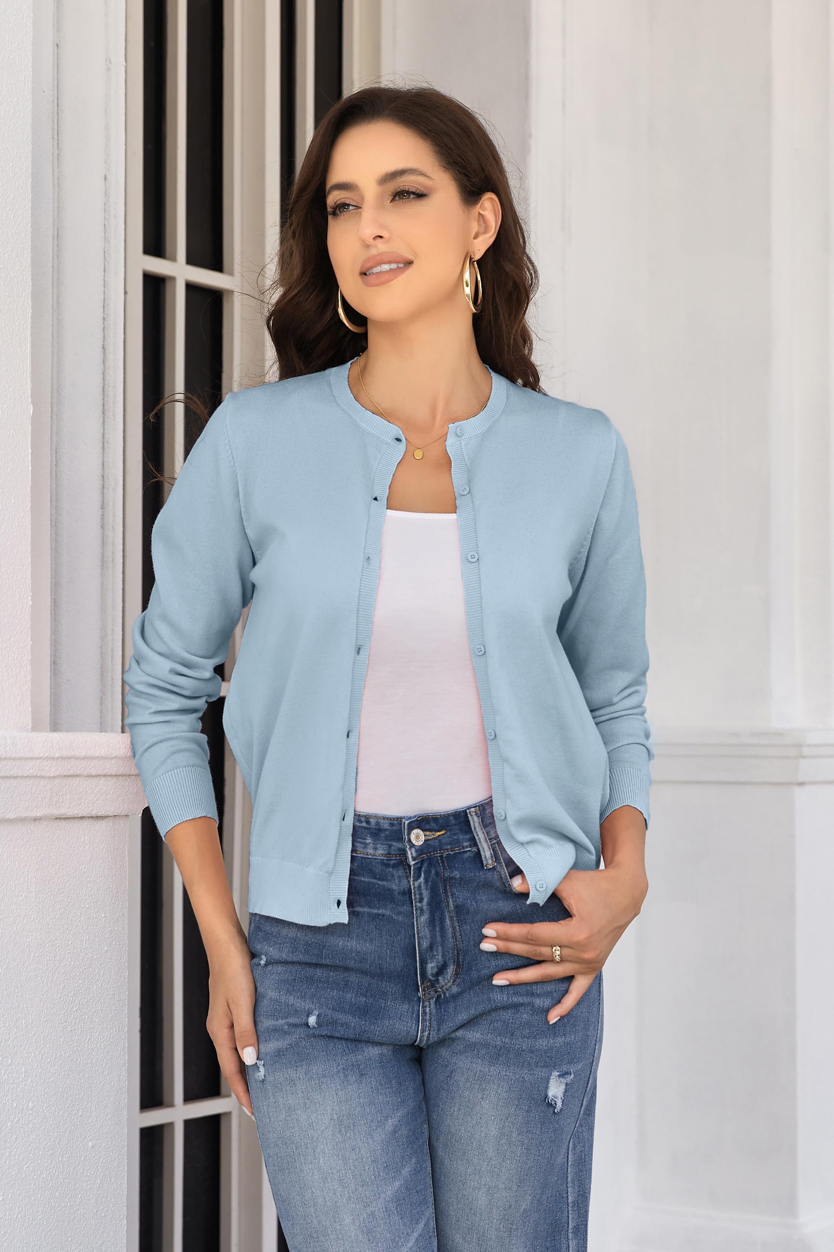 Cardigan à Manches Longues Et Col Ras du Cou pour Femme, Cardigan Classique en Tricot Doux pour Femme