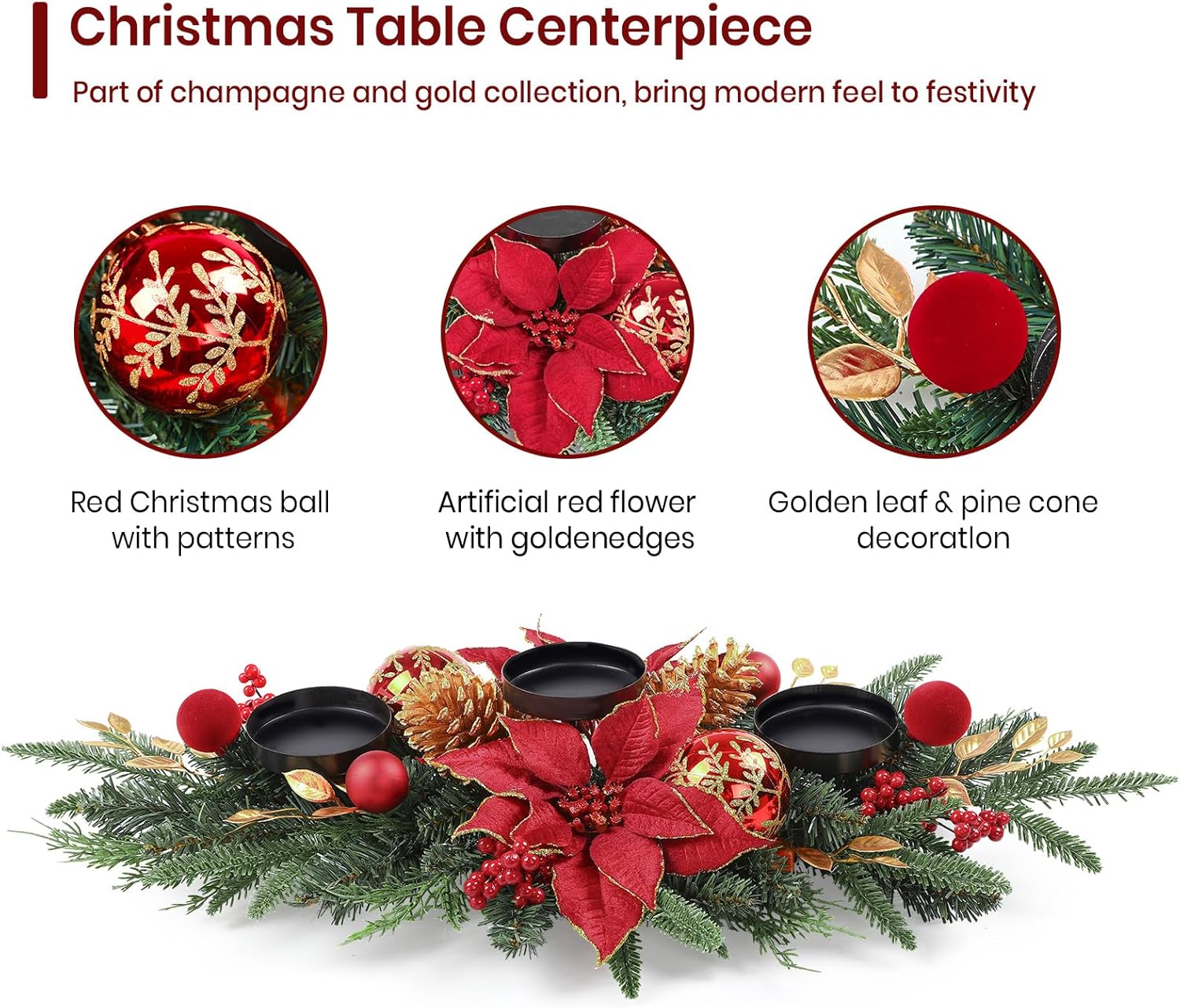 Alupssuc 28 Christmas Centerpiece with 3 Candle Holders Trays,Dining Table Decoration with Baubles, Pine Cones, Red Berries, Spruce Branches, Flower for Indoor Home Party Table Holiday Decor, 2 Pcs