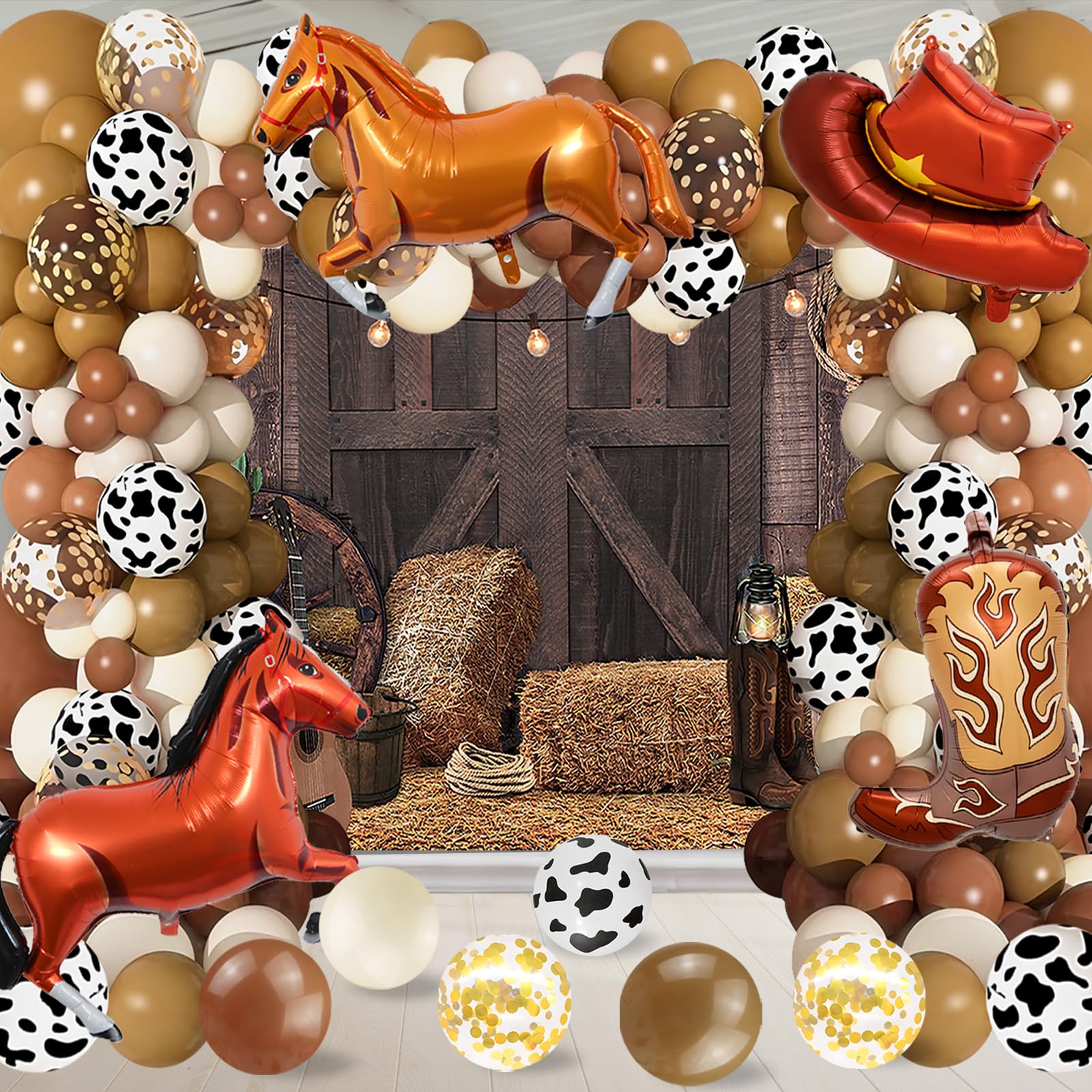 168Pcs Western Cowboy Party Decorations Cowboy Party Supplies Include 163pcs Cowboy Balloons 1Pcs Western Backdrop and 4Pcs Balloon Accessories for