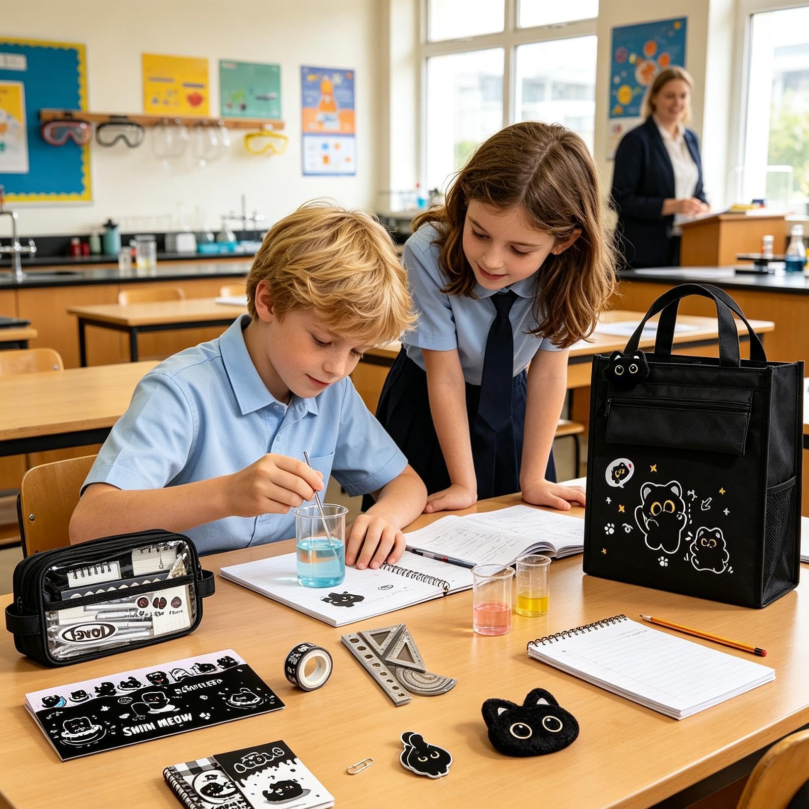 Set di cancelleria grande capacità gatto nero cancelleria kit organizzatore | Set di forniture scolastiche per bambini, ragazze, ragazzi, insegnanti, donne, casa, classe, università, biblioteca, ufficio