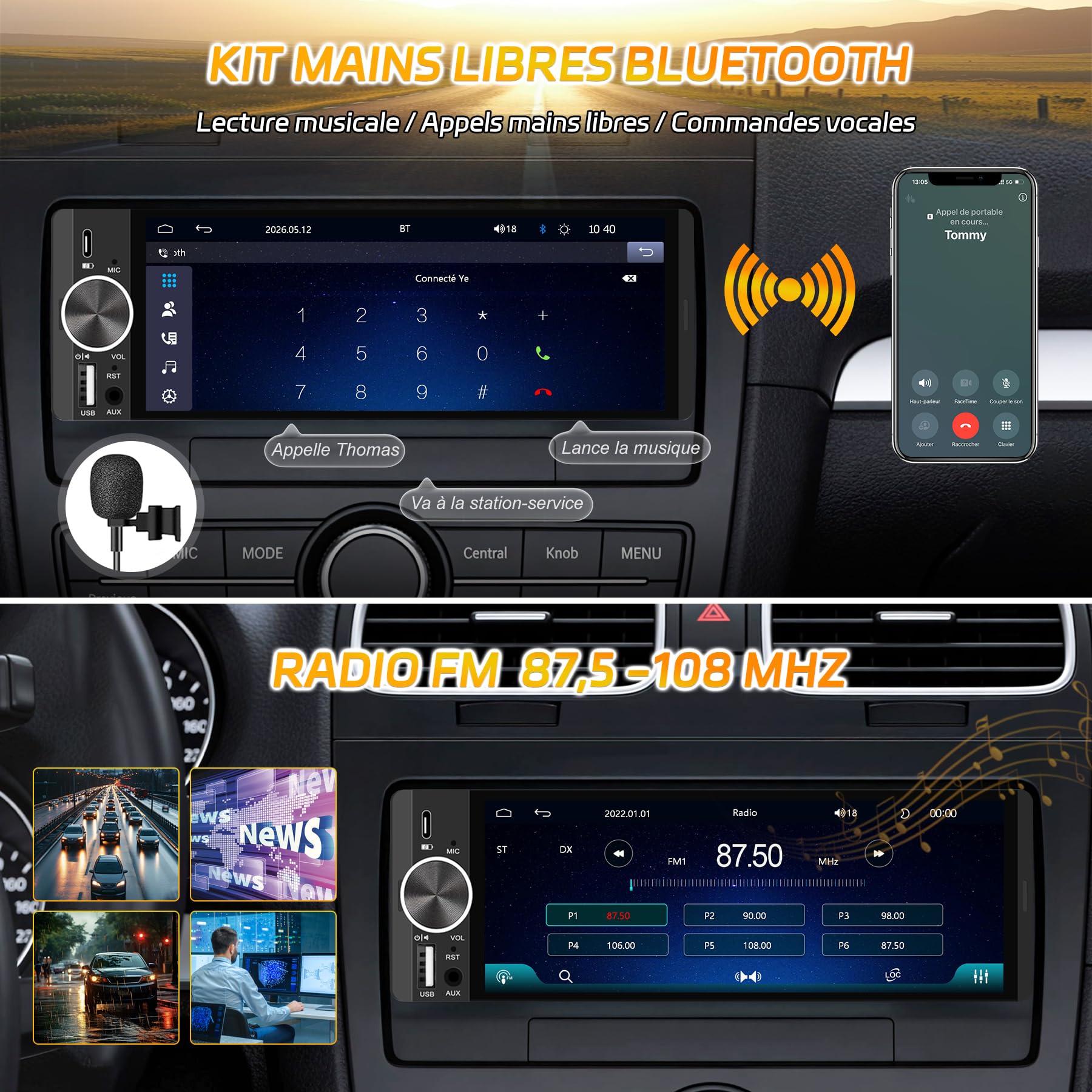 Autoradio Bluetooth 1 DIN avec CarPlay/Android Auto, Caméra de Recul