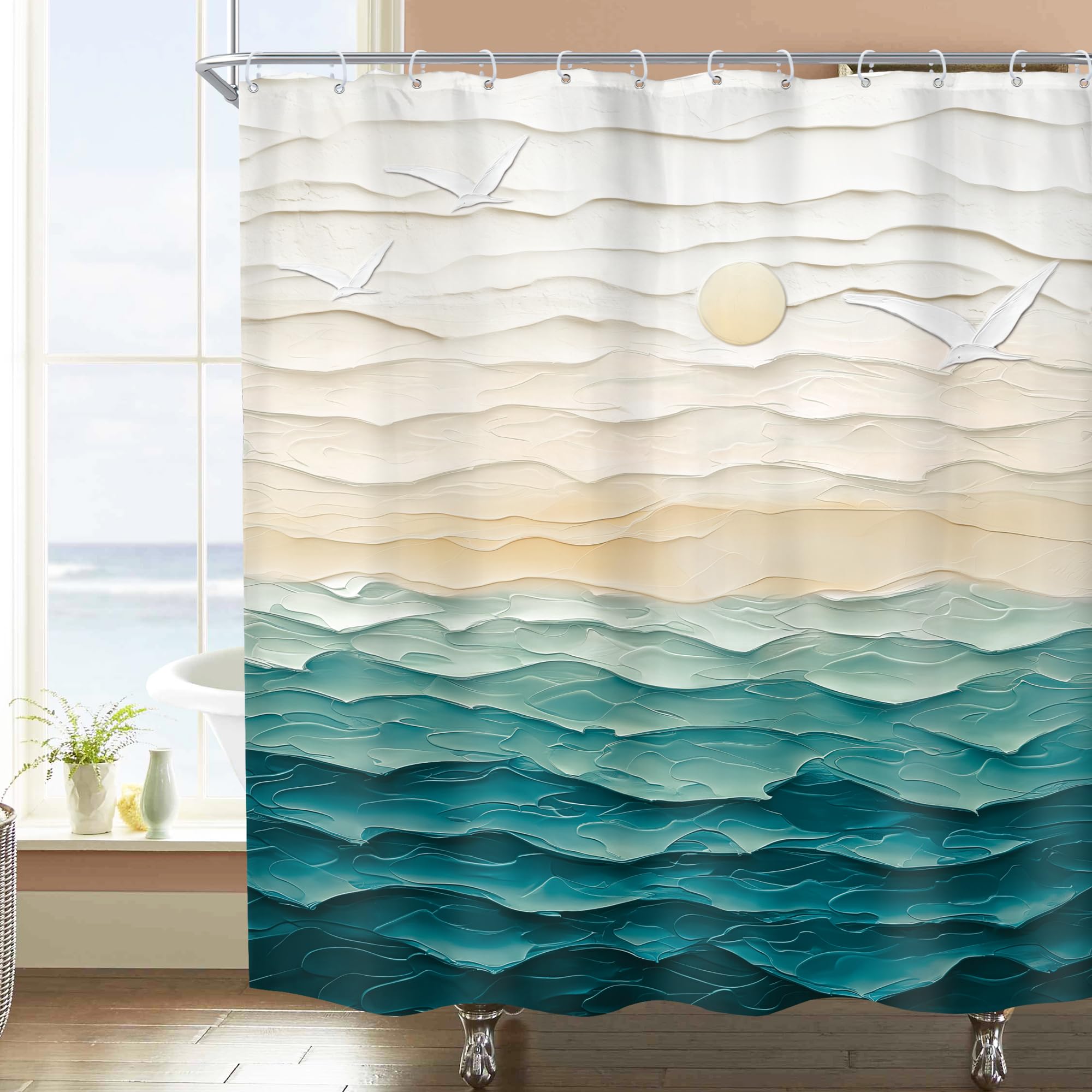 Imirell Abstract Green Beach Shower Curtain 60Wx72H Inches Hawaii Oil Painting Ocean Sea Wave Yellow Sunset Sunrise Summer Scenery Nature Fabric Waterproof Polyester with 12 Pack Hooks Plastic — image 1