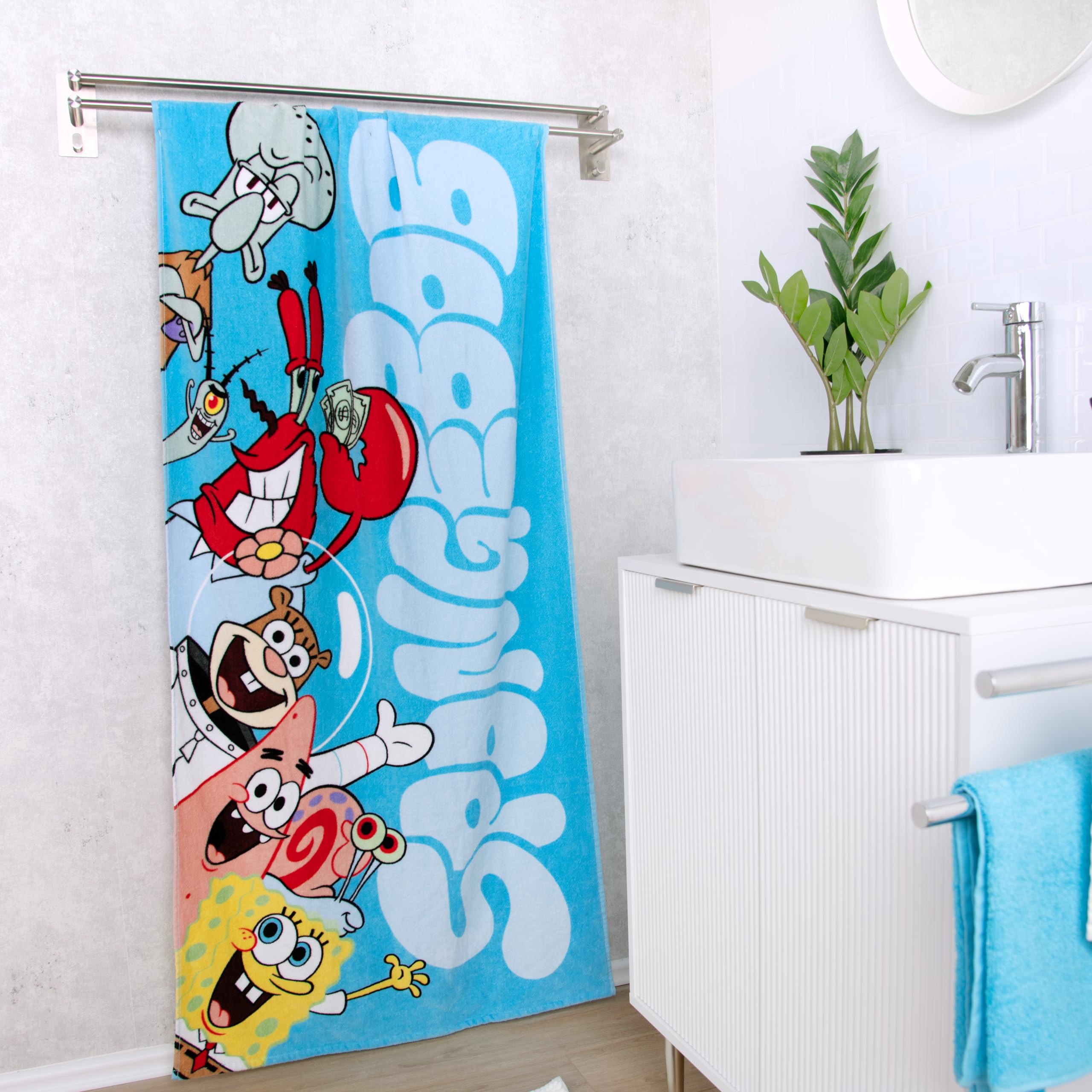 Herding Badetuch SpongeBob Schwammkopf, 75 x 150 cm, Kleines weiches Kinder-Handtuch für Bad und Strand, 100% Baumwolle