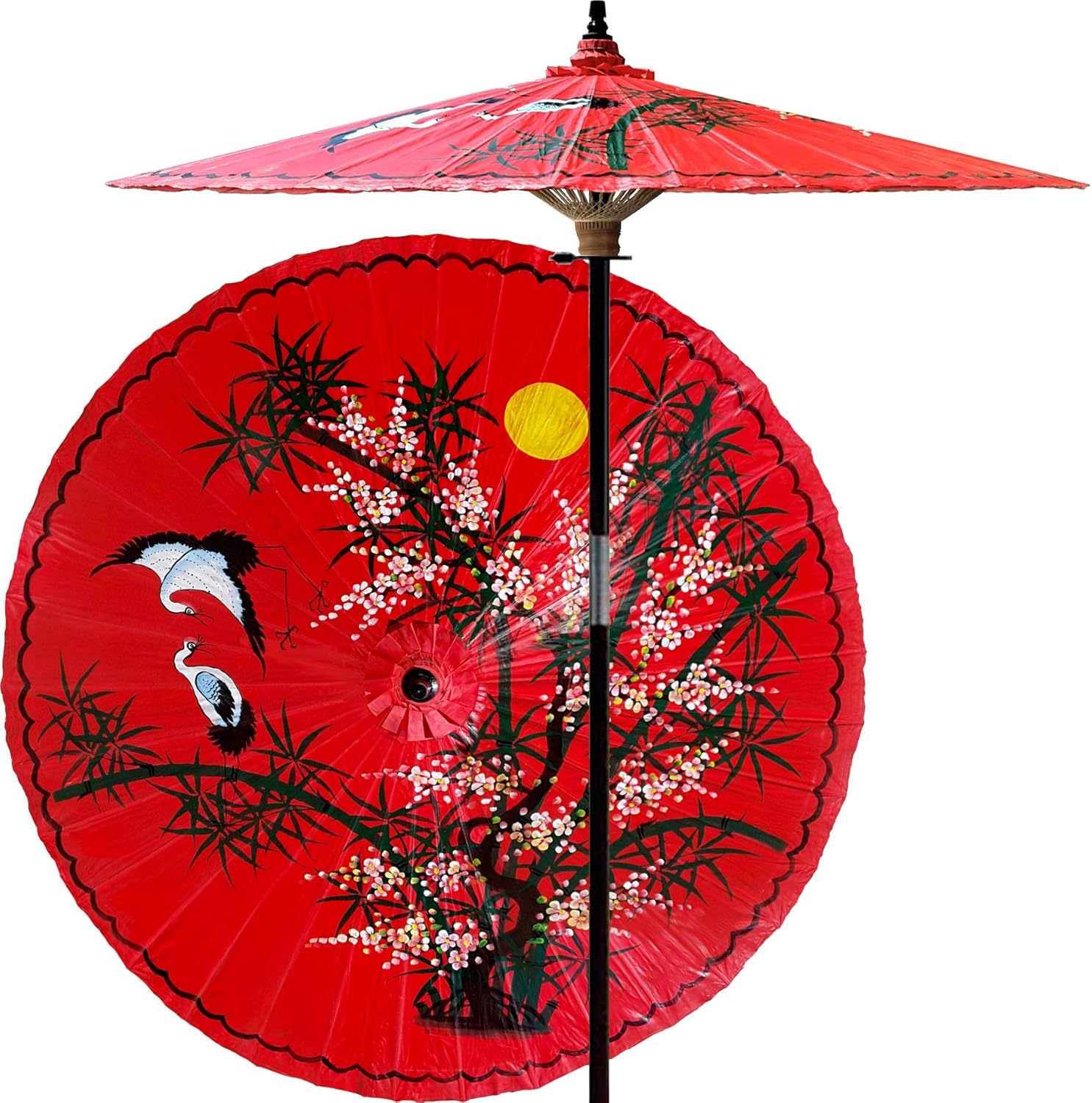 7ft Hand-painted Patio Umbrella, Garden, Pool, Beach Umbrella with Carry Bag, Handcrafted Bamboo Dual-Height Market Umbrella with Hardwood 2-Piece Pole (Asian Splendor in Red)