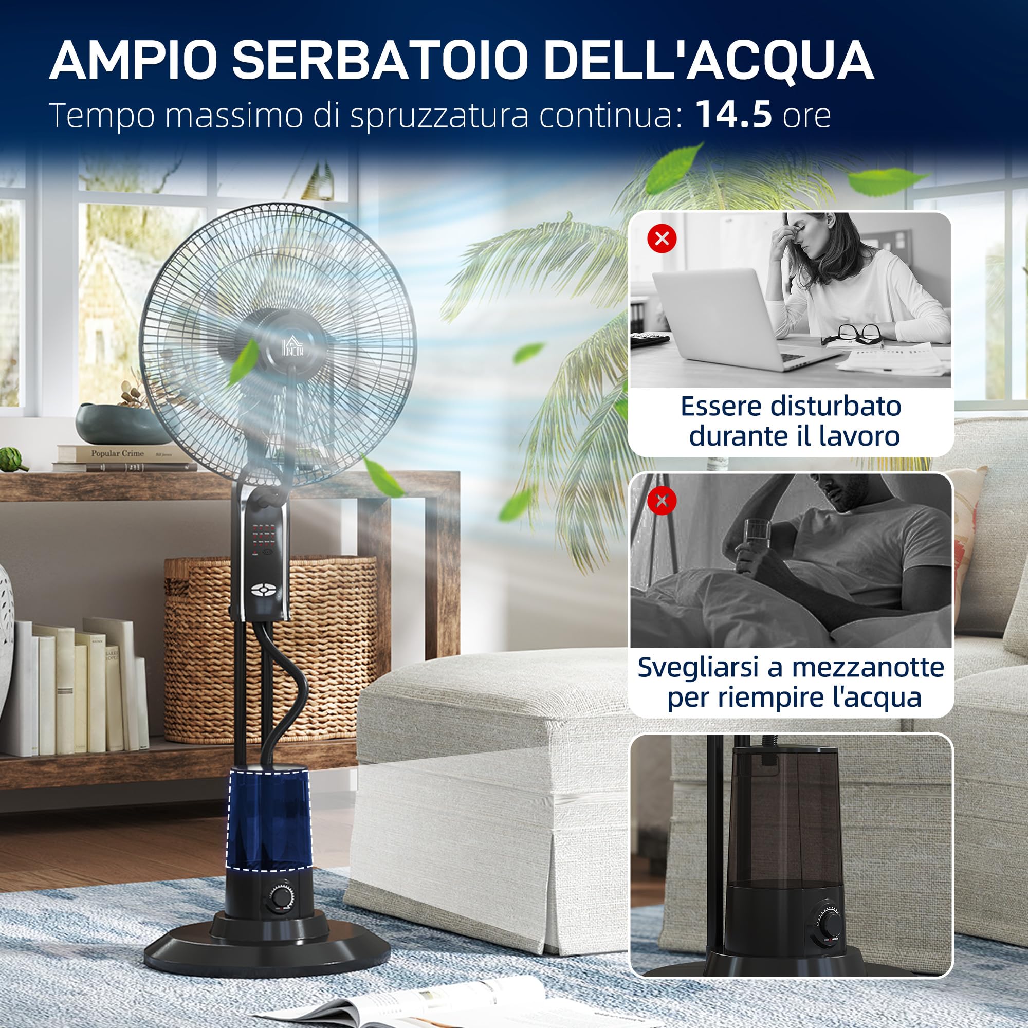 HOMCOM Ventilatore Nebulizzatore 75W con Serbatoio 3.2L, 3 Modalità, 3 Velocità, Ventilatore a Piantana con Oscillazione 75°, Inclinazione 10°, Telecomando, Timer 7.5h, Diametro 44.5cm