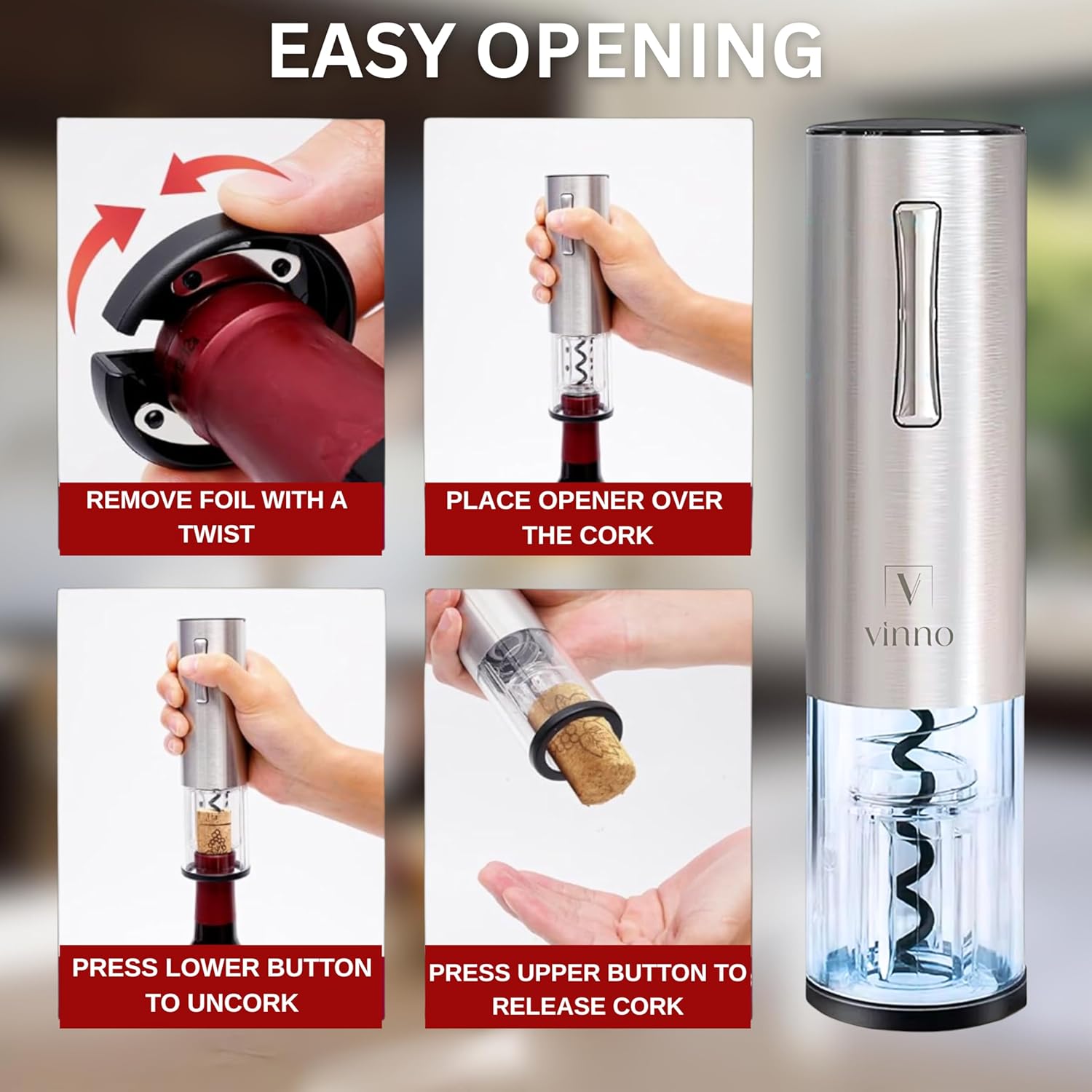 Electric Wine Opener Set, Rechargeable Automatic Wine Bottle Opener with Foil Cutter, Aerator, Vacuum Stopper, USB Cable, Ideal for Wine Lovers, Housewarming, Anniversary, Wedding Registry