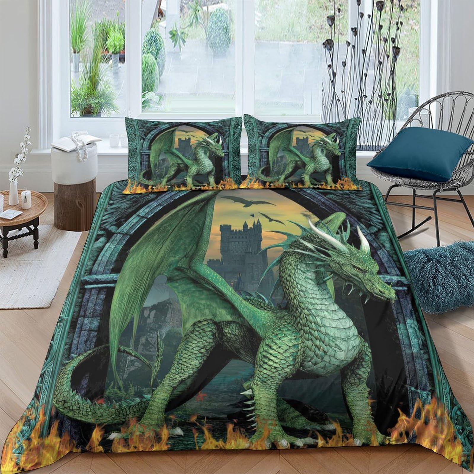 Ctjqhvkz Style-7 3D Printed Green Dragon Fitted Sheet Microfiber Art Fantasy Castle Bed Cover For Bedroom Guest Room Decor Single（135X200cm）