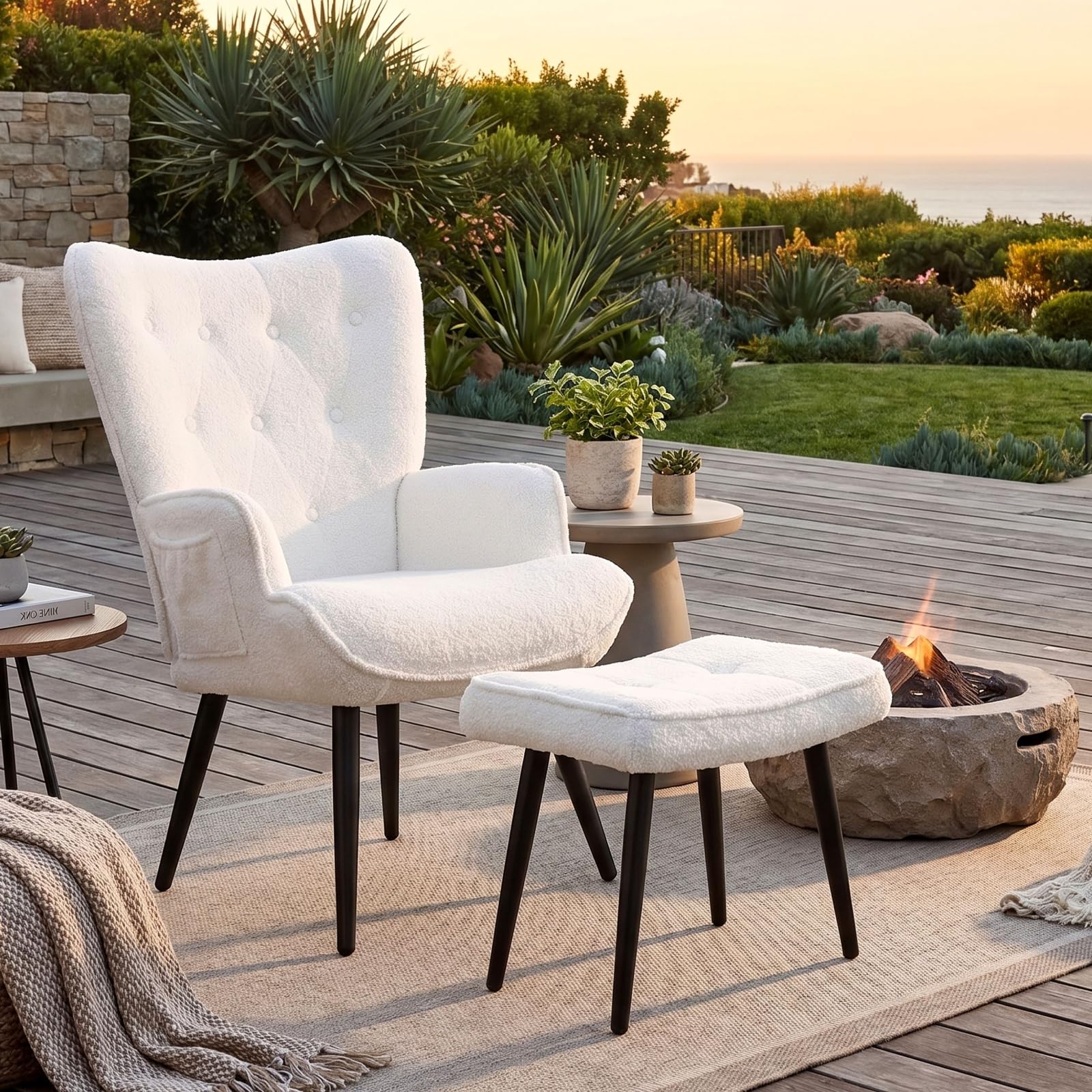 CLEVICH Ohrensessel - Gemütlicher Loungesessel mit Hocker, Lesesesselaus, Teddystoff Armchair für Wohnzimmer & Schlafzimmer - Bis 168kg, Weiß