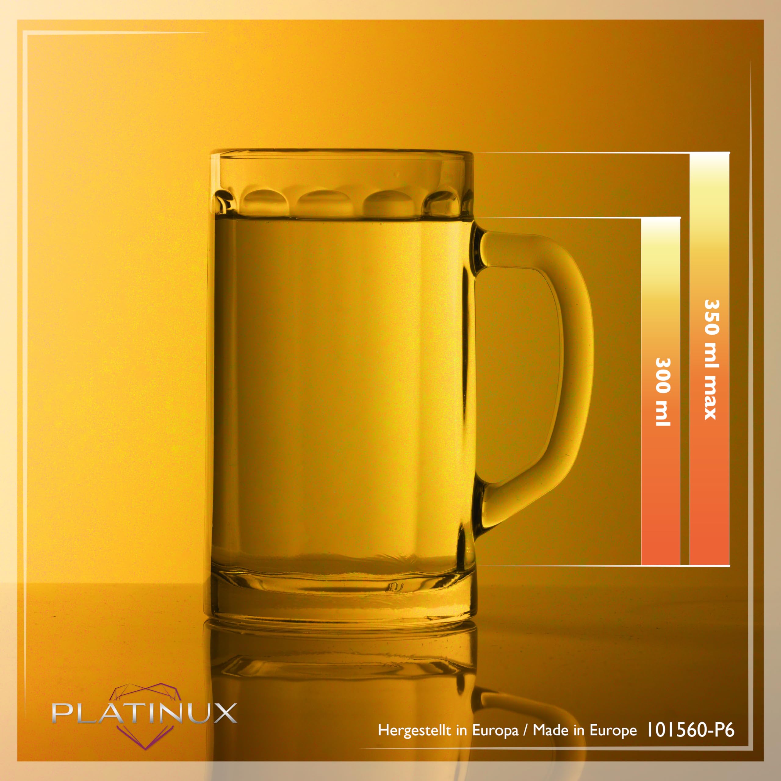 PLATINUX Juego de 6 jarras de cerveza con asa de cristal, 300 ml (máx. 350 ml)
