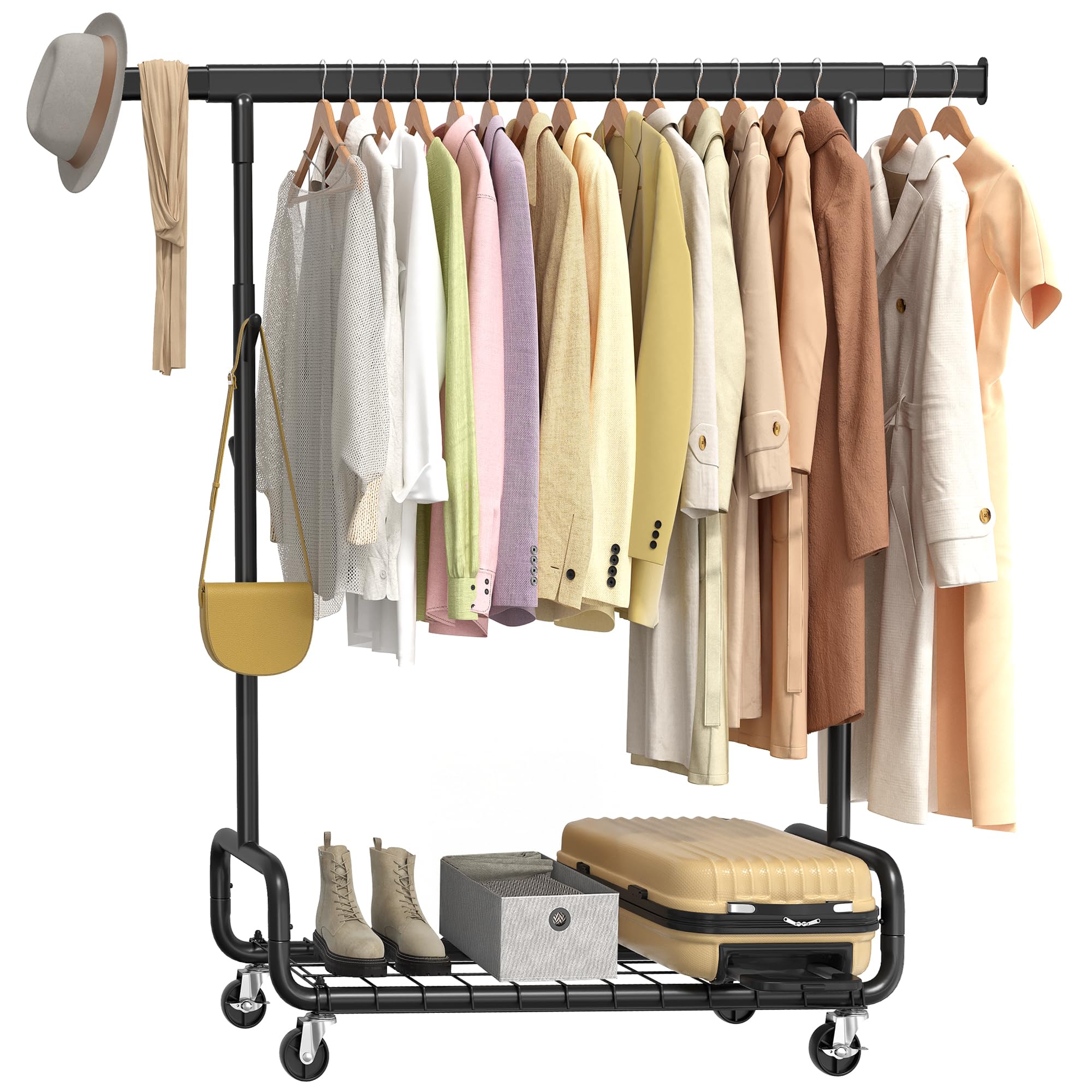 SONGMICS Clothes Rack, Heavy-Duty Rolling Clothing Garment Rack with Wheels, Extendable Hanging Rod and Adjustable Height, Portable, with Shelf and Hooks, Ink Black UHSR014B01 Ink Black Sing