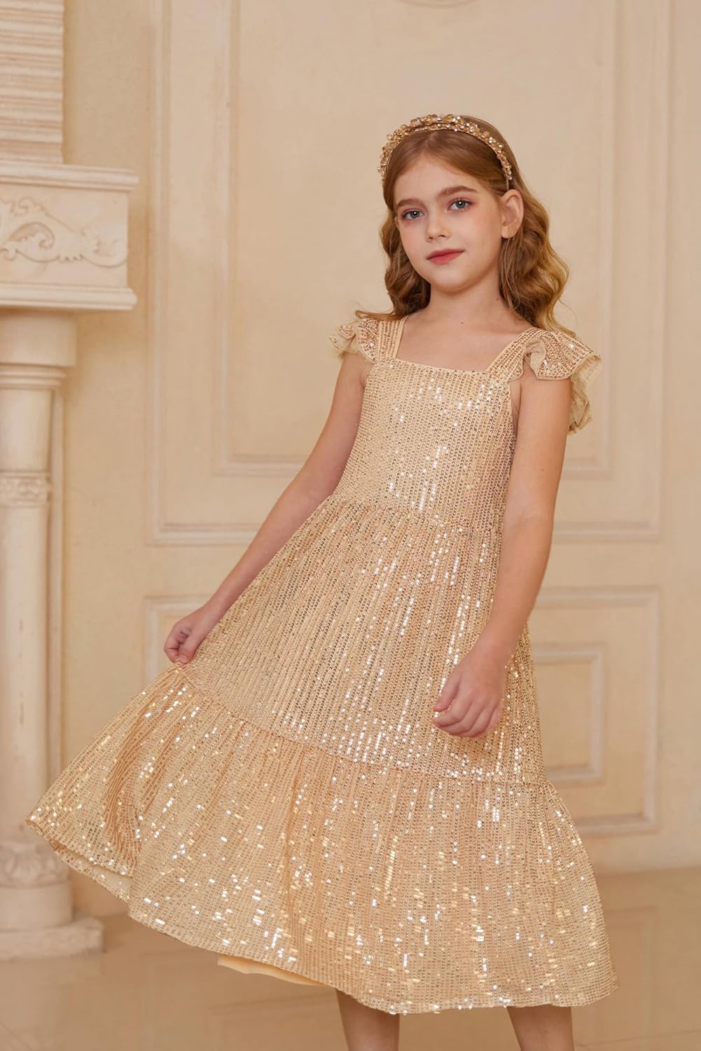 GRACE KARIN Girls Sequin Dress Flutter Sleeve A-Line Tie Back Sparkly Formal Party Dress for Girl 5-12Y - Image 2