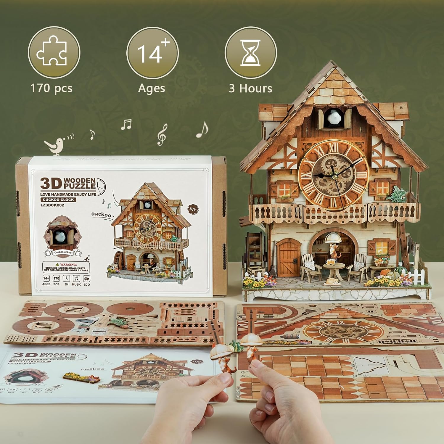 3D Puzzles for Adults Clock-Fairy Tale Cottage Cuckoo Model Kit-Mechanical DIY Pendulum Clock with Roman Numerals-Desk Home Office Decor Personalized Gifts