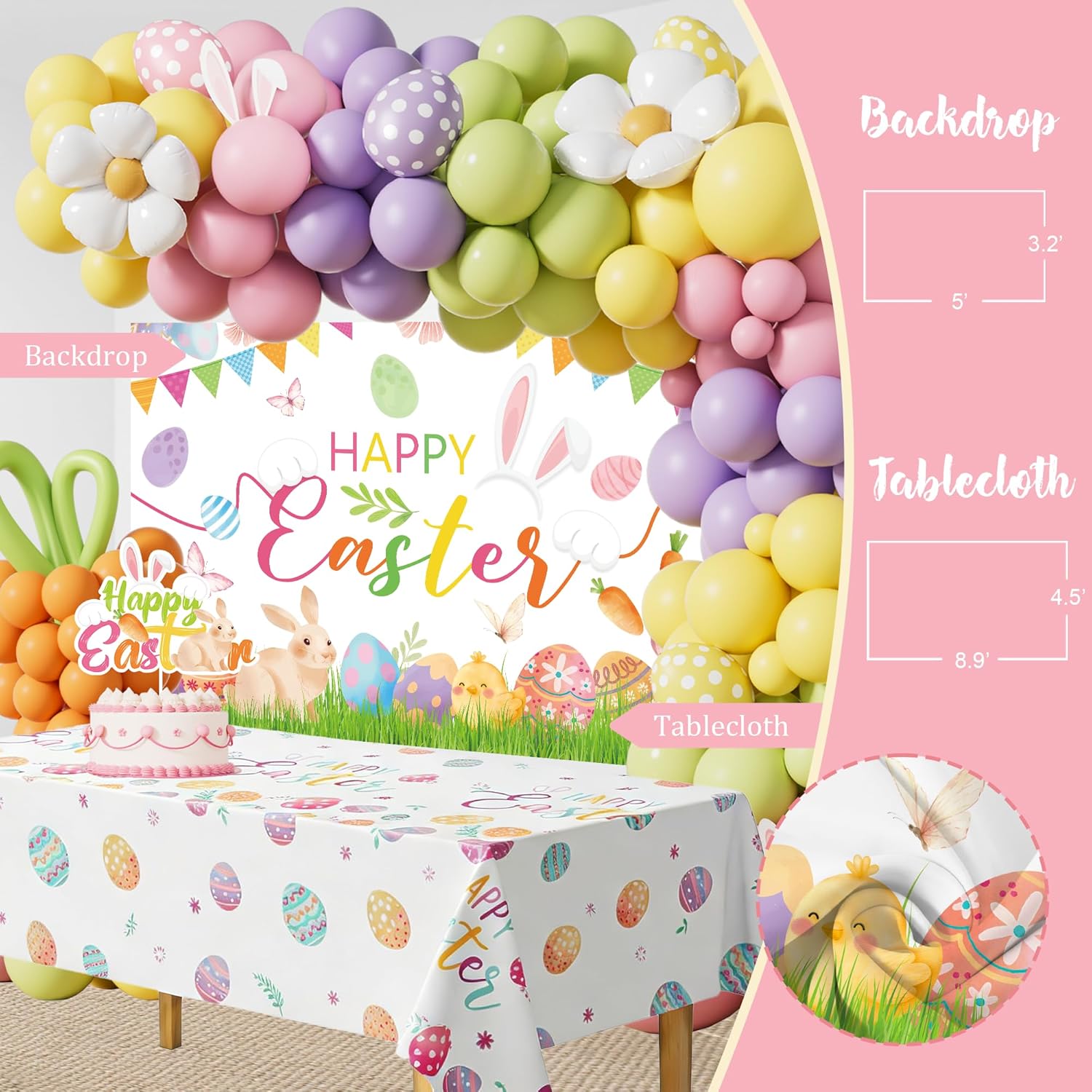 Easter Party Decorations Kit, Happy Easter Bunny Party Supplies for Home Indoor Decor, Spring Balloon Garland Banner, Cake Cupcake Toppers, Backdrop Tablecloth for Easter Garden Party Decorations Set