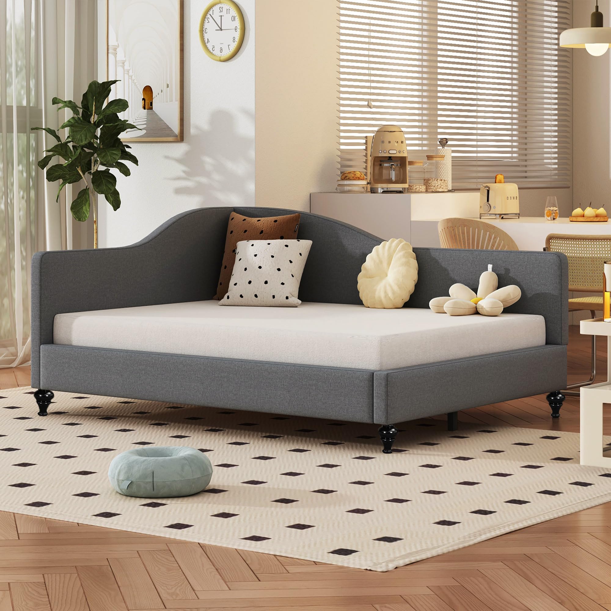 Merax Full Size Bed Frame Daybed, L-Shaped Linen Corner Sofa with Wood Legs for Living Room, No Box Spring Needed, Grey