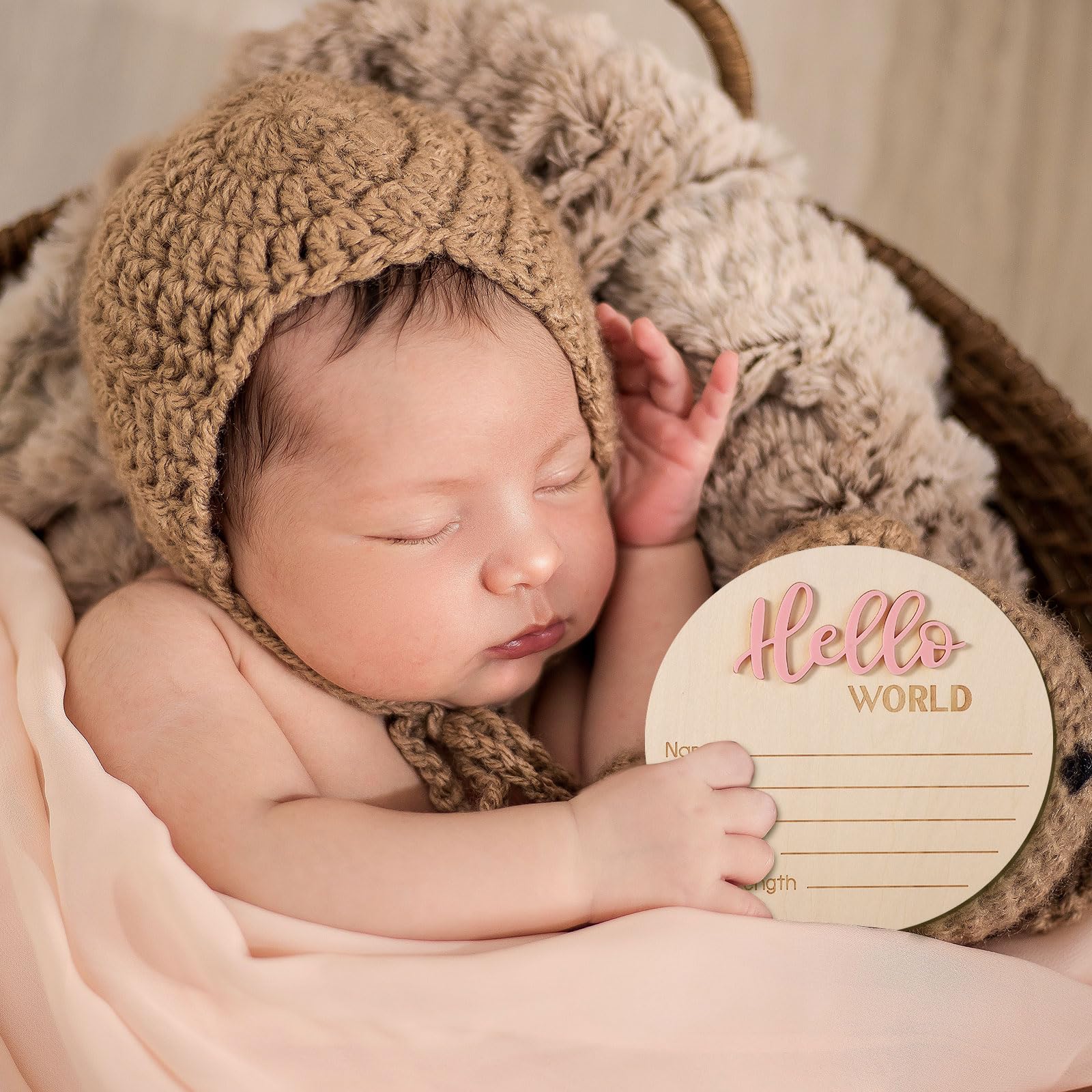 Cartello Annuncio Bambino in Legno 15cm Hello World Carte Milestone Neonato Rosa Chiaro