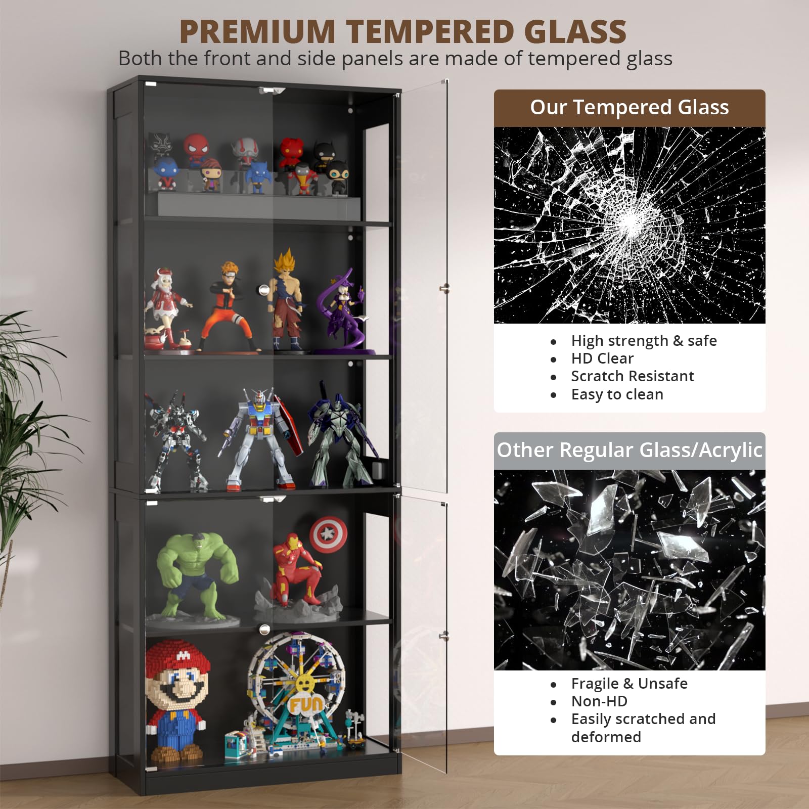 VOWNER 5-Lagen LED Vitrine mit Glastür, Vitrinenschrank mit 3-farbige Beleuchtung Bewegungssensor, Glasvitrine für Sammlerstücke, Bücherregal für Wohnzimmer, Schlafzimmer (Schwarz, 5 Einlegeböden)