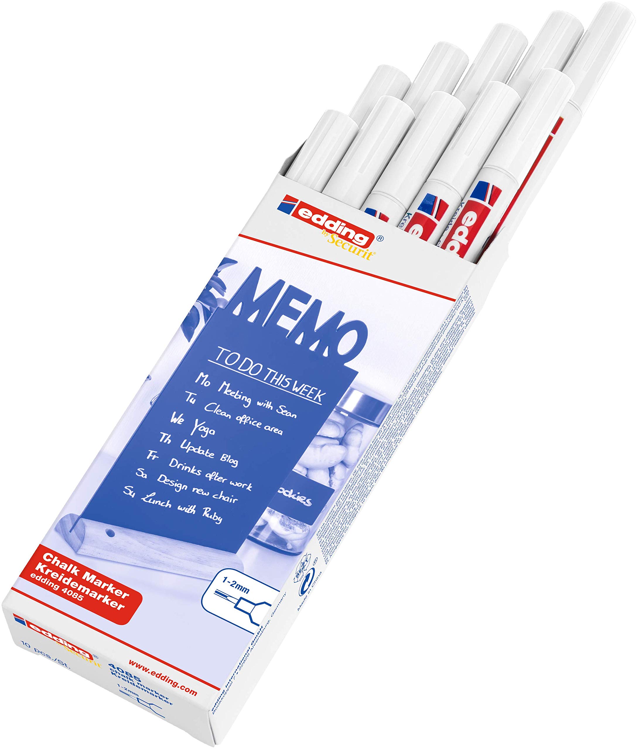 edding4085 chalk marker - white - 10 chalk pens - round tip 1-2 mm - fine-tipped wet wipe pen for chalkboards, windows, glass, mirrors - liquid chalk marker pens for opaque coverage