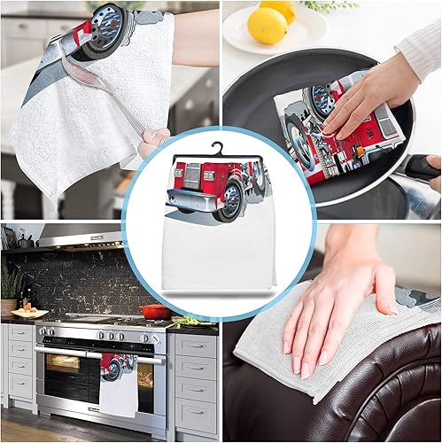 Miniatura 4 de CosyBright Juego de 2 toallas de cocina y paños de cocina, equipo de rescate de seguridad de camión de bomberos de dibujos animados, motor de