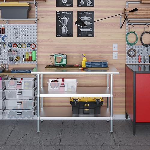 Miniatura 7 de AmGood - Mesa de trabajo de acero inoxidable con 2 estantes  Base de metal para preparación de alimentos  Mesa de trabajo para uso comercial y