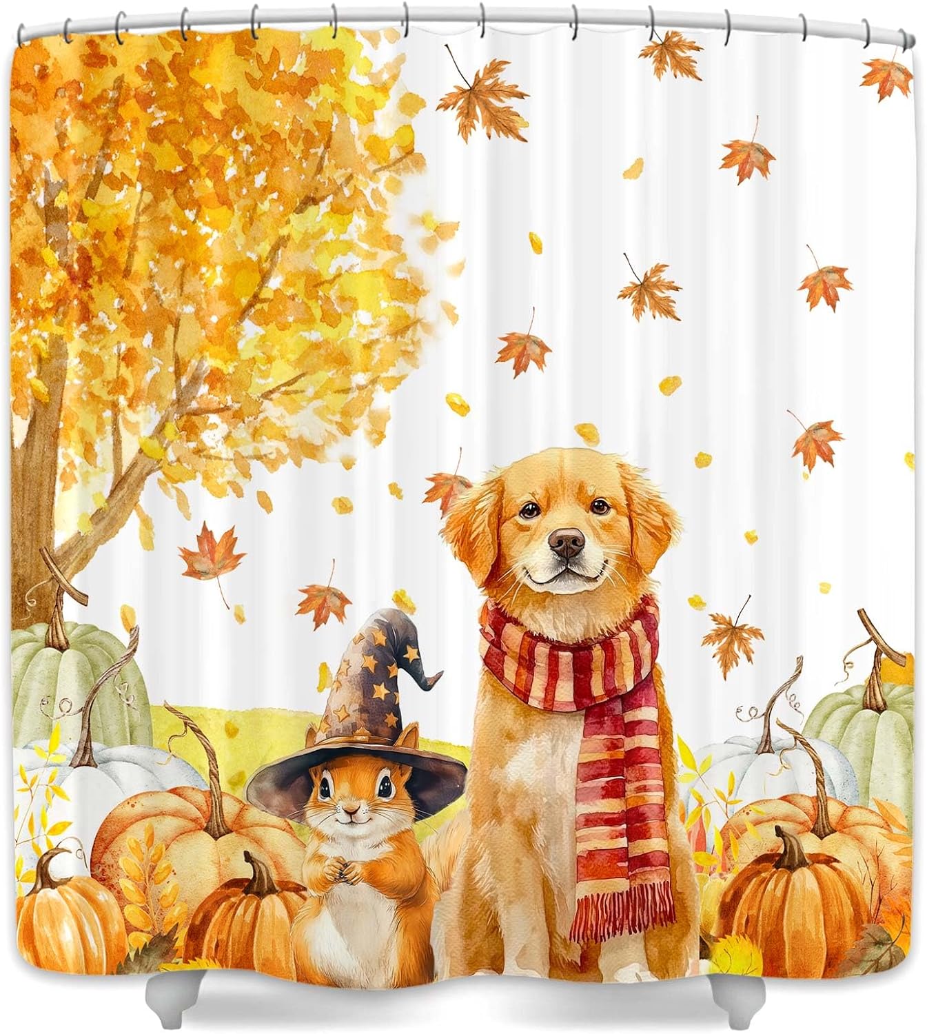 Fall Shower Curtain, Autumn Thanksgiving Pumpkin Cute Dog Squirrel Harvest Shower Curtain Set for Bathroom, Autumn Halloween Maple Leaves Waterproof Polyester Fabric Accessories with Hooks, 69X75inch