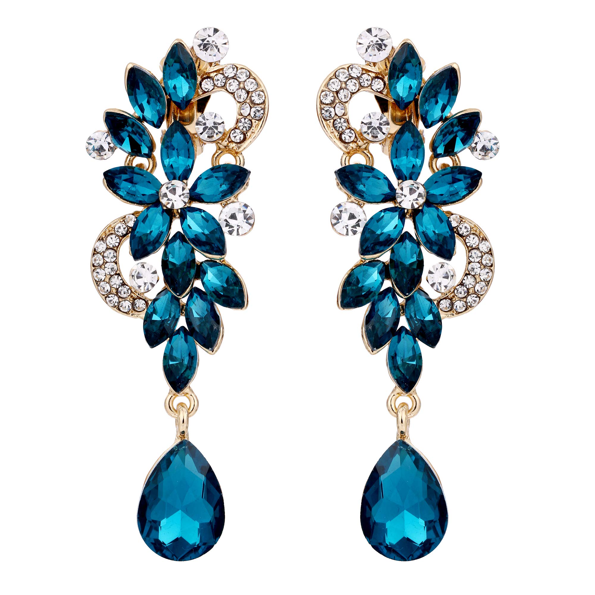 BriLove Wedding Bridal Clip-On Earrings for Women Bohemian Boho Crystal Flower Chandelier Teardrop Bling Long Dangle Jewelry for Party Prom Turquoise Color Gold-Toned