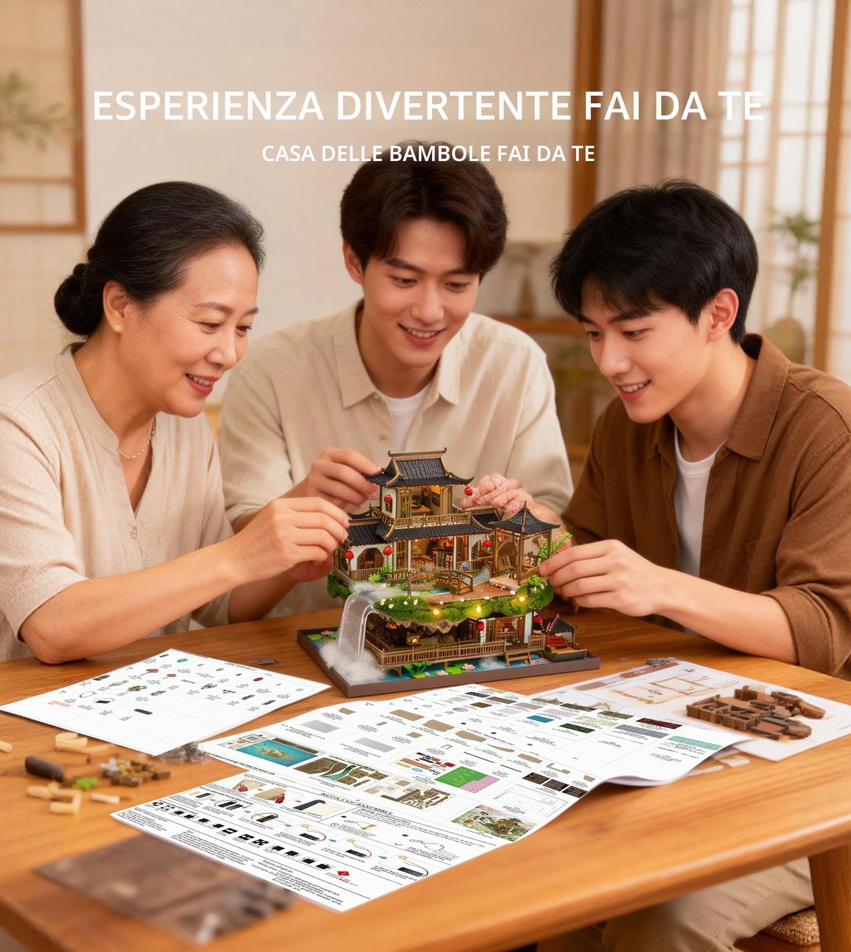 Spilay Fairyland Casa Miniatura DIY in Legno con Luce LED, Kit Casa delle Bambole 3D Puzzle per Adulti, Paesaggio Orientale con Cascata e Giardino Cinese, Decorazione Creativa