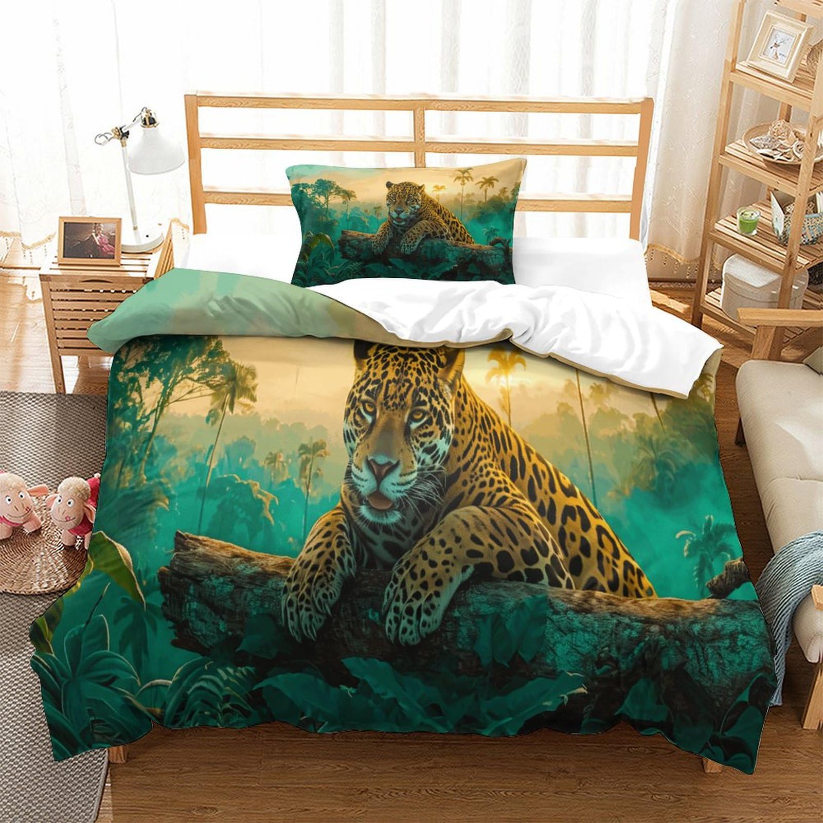 P1s9u7w5y Jaguar-2 Wild Jungle 3D Printed Leopard Duvet Cover Set 3Pcs Microfiber Animal Bedding Set Single（135X200cm）