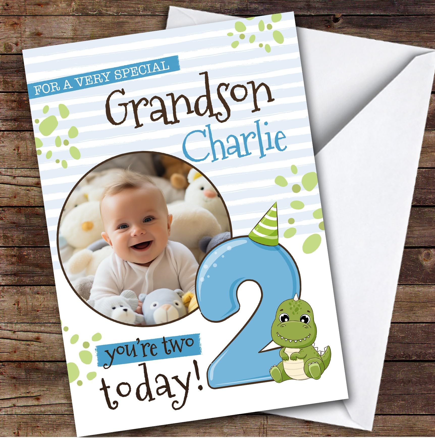 Grandson 2nd Cute Baby Dinosaur Photo Boys Custom Personalised Birthday Card - Personalised Birthday Greeting Card for Kids, Custom Birthday Card