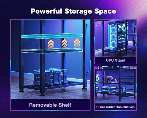 Miniatura 49 de ODK Escritorio para juegos en forma de L de 66 pulgadas con toma de corriente y luces LED, mesa de juegos de PC con textura de fibra de carbono,