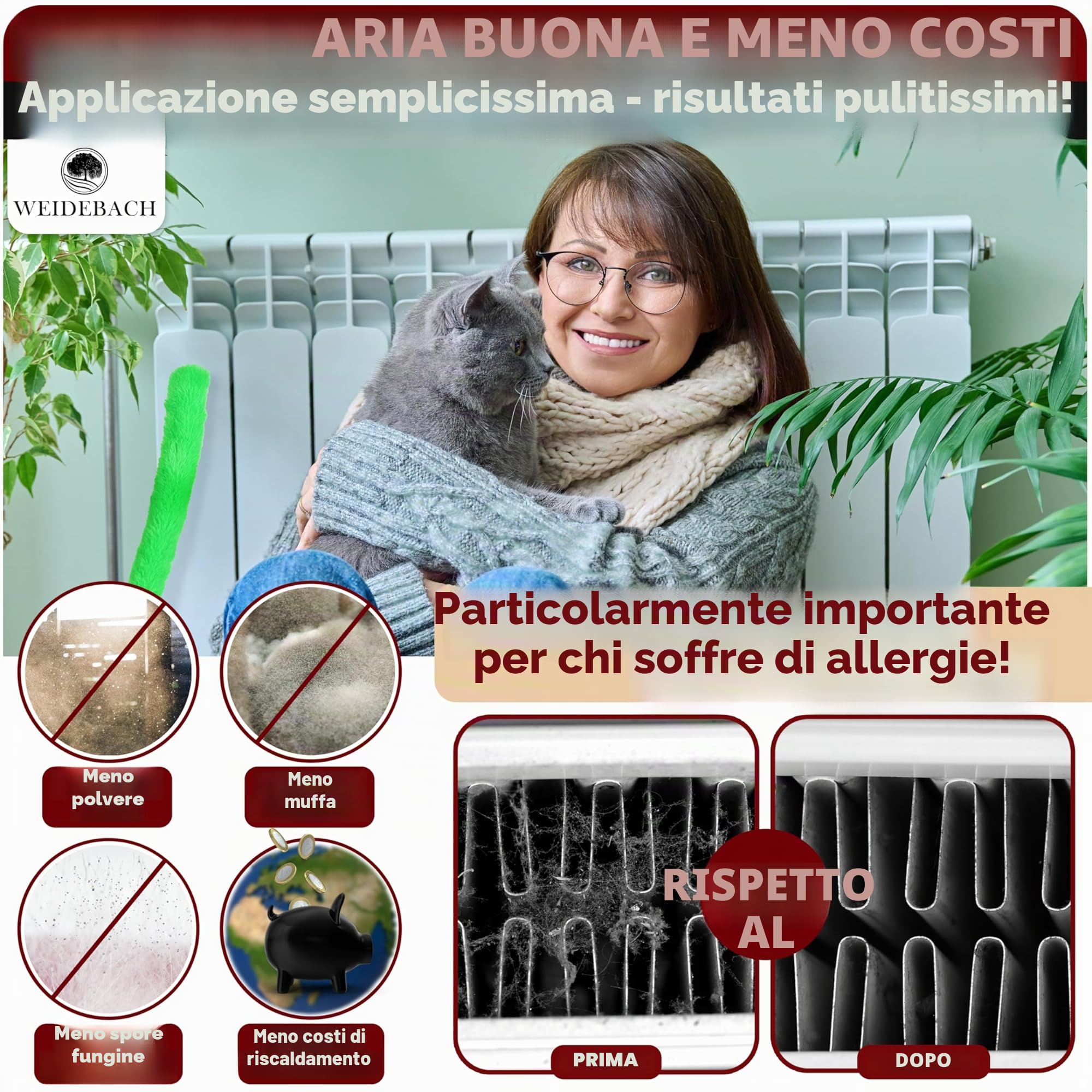 Weidebach Spazzola per radiatori V. 3.0, lunghezza totale 125 cm, spazzola in microfibra da 110 cm, per la pulizia del radiatore, senza peli di animali, spazzola per radiatori viene fornita in ogni