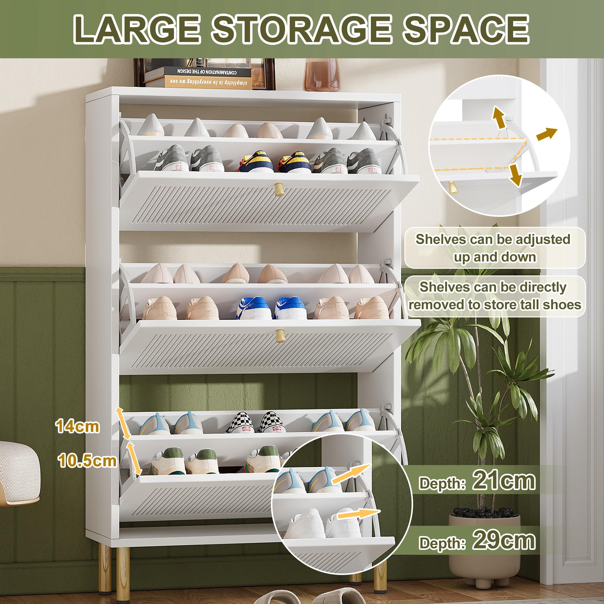 Scarpiera sottile, 73 x 23 x 125 cm, con 3 ante a ribalta, scarpiera con 6 ripiani per ingresso, design contemporaneo, bianco