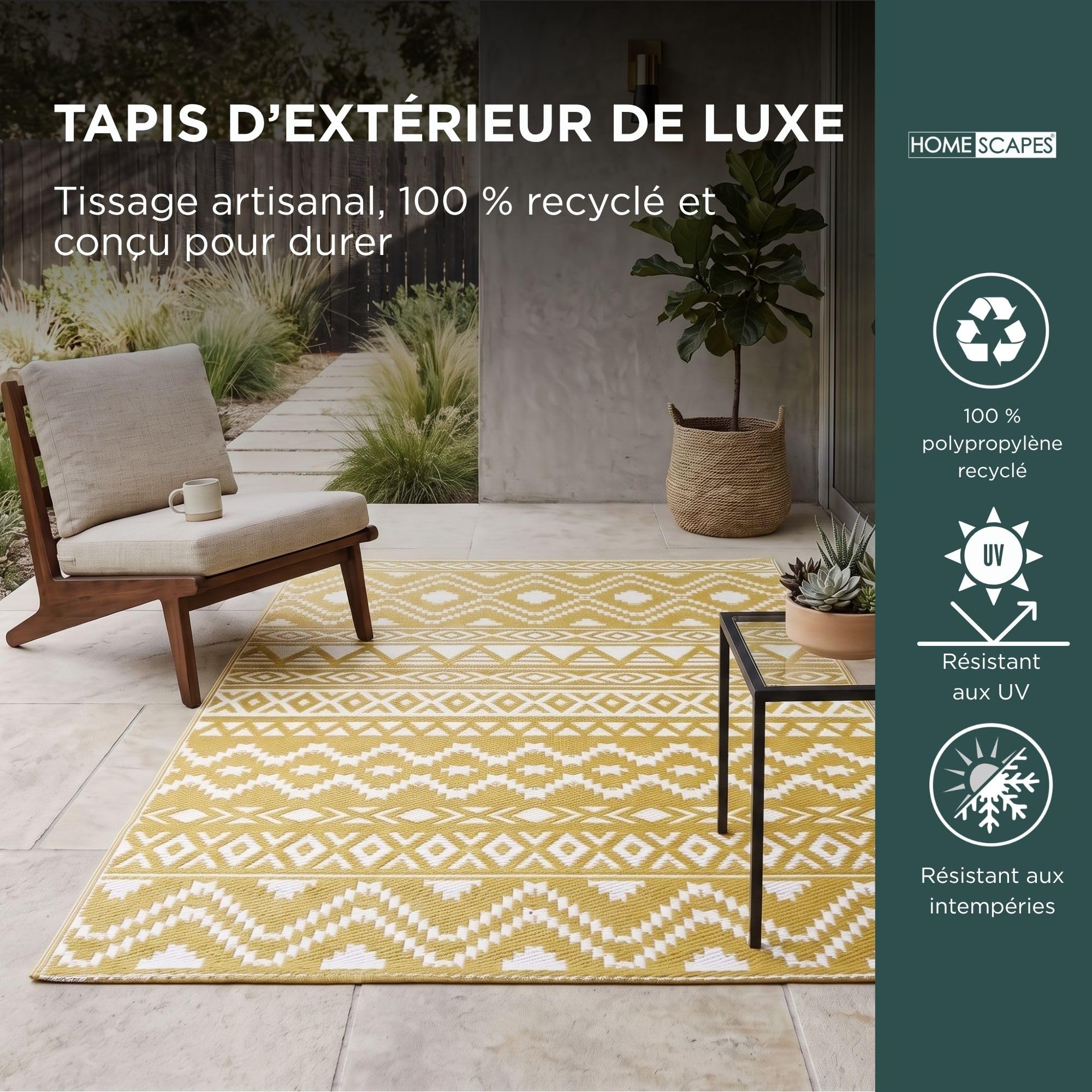 HOMESCAPES Tapis extérieur résistant Pluie et UV, Tapis de Jardin imperméable réversible Jaune Anna, 120 x 180 cm, Intérieur extérieur terrasse Balcon