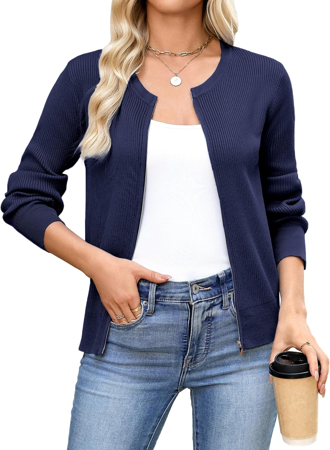 Totatuit Womens Long Sleeve Zip Up Sweater Cardigans Knitted Lightweight Zipper Jacket - Image 2