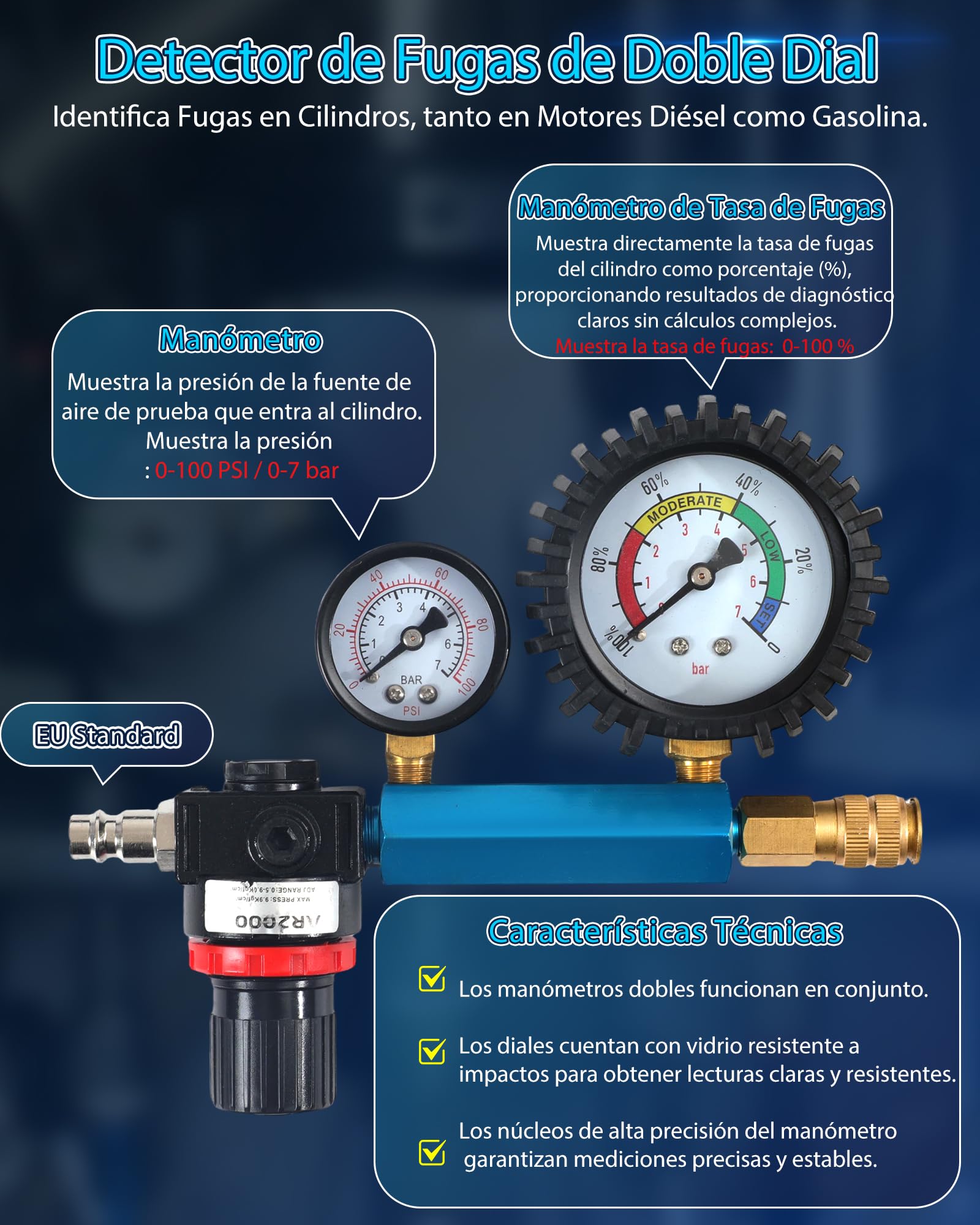 46 Piezas Kit de Comprobador de Compresión Automotriz con Indicador de Doble Dial Comprobador Compresión para Gasolina y Diésel Comprobador de Fugas de Cilindros para HDi, TDCi y Bomba (PD)