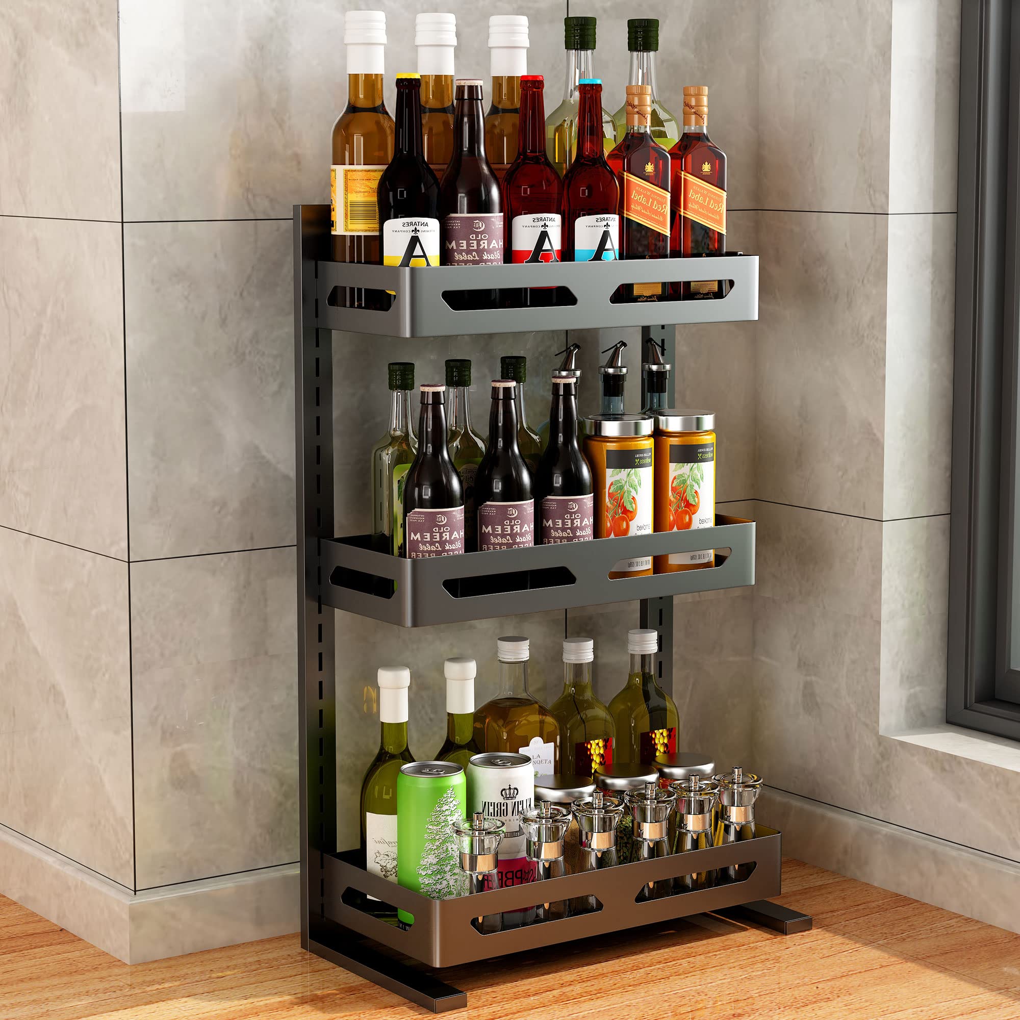 Supwunwang 3 Tier Kitchen Spice Rack Condiment Organizer Countertop Storage Shelf for Jars Bottles Seasoning Rack with 3 Hooks Paper Towel Holder