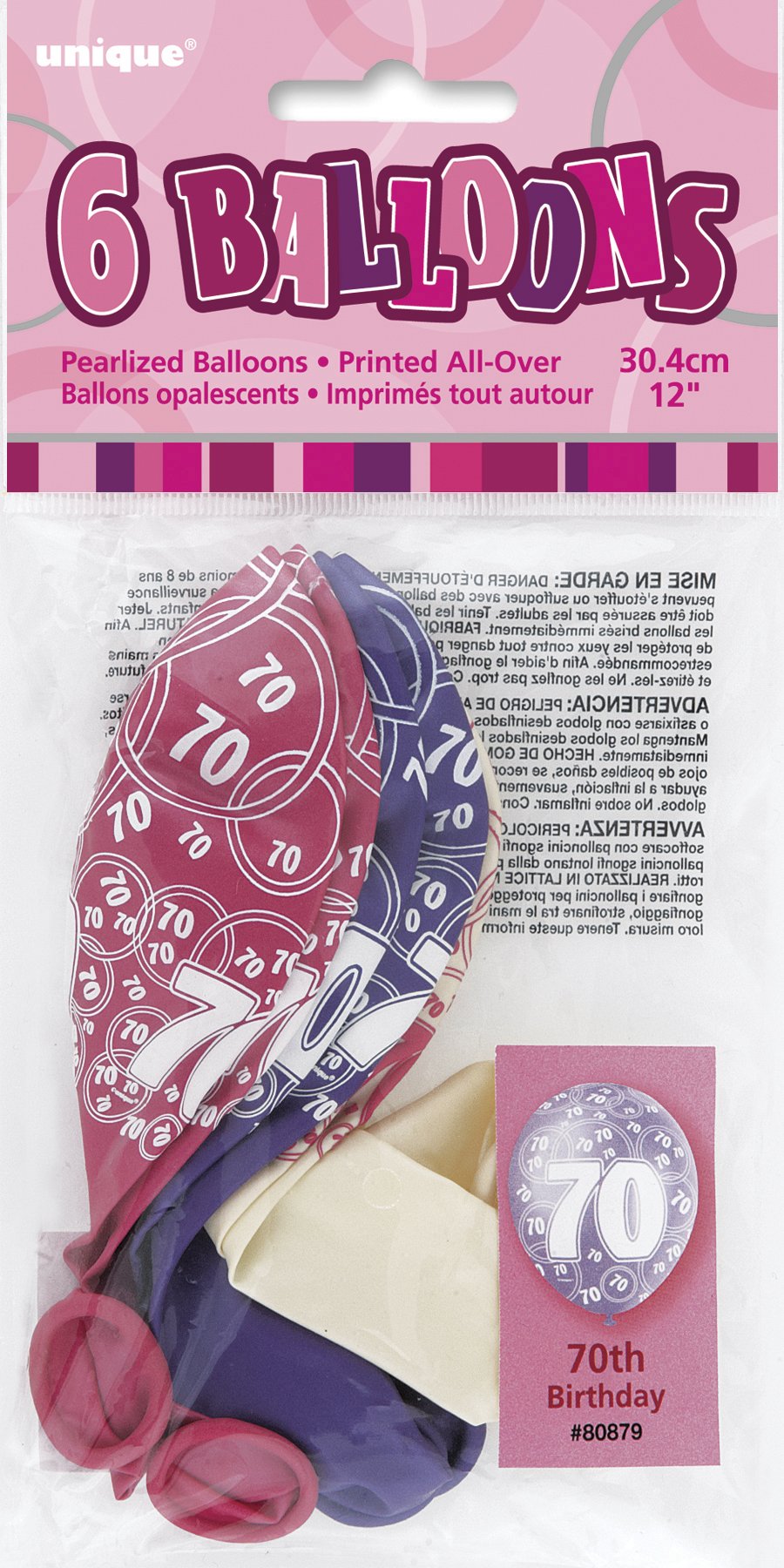 Unique Party 80879 - 12" Latex Glitz Pink 70th Birthday Balloons, Pack of 6 — view 3