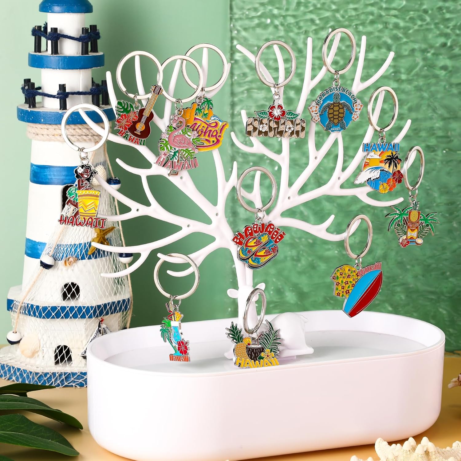 Landical 12 Pcs Hawaii Keychains Luau Party Souvenirs Keyrings Gifts Summer Beach Tropical Aloha Holiday Party Favors Pineapple Flamingo Surfboard Key Chain for Women Men - Image 3