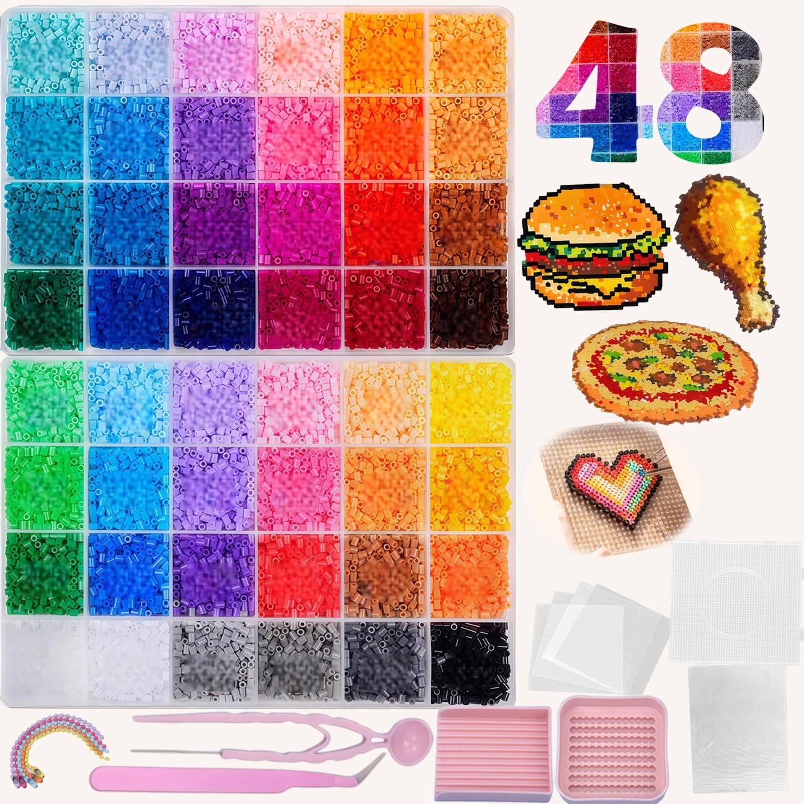 Fuse Beads 2.6mm 48 Colors Complete Craft Set for Kids, Comes with Clear Pegboards, Ironing Paper, Ironing Cloth, Bead Scoop, Needles, Tweezers, Storage Boxes & Chain Accessories