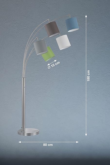 Fischer & Honsel Fischer & Honsel Staande lamp, Annecy|nikkelkleuren mat|stoffen kap|wit, groen, lichtgrijs, donkergrijs, blauw|H: 180 cm, A: 80 cm|Draaischakelaar|5x E14 max. 40 Watt excl. LM. photo 2