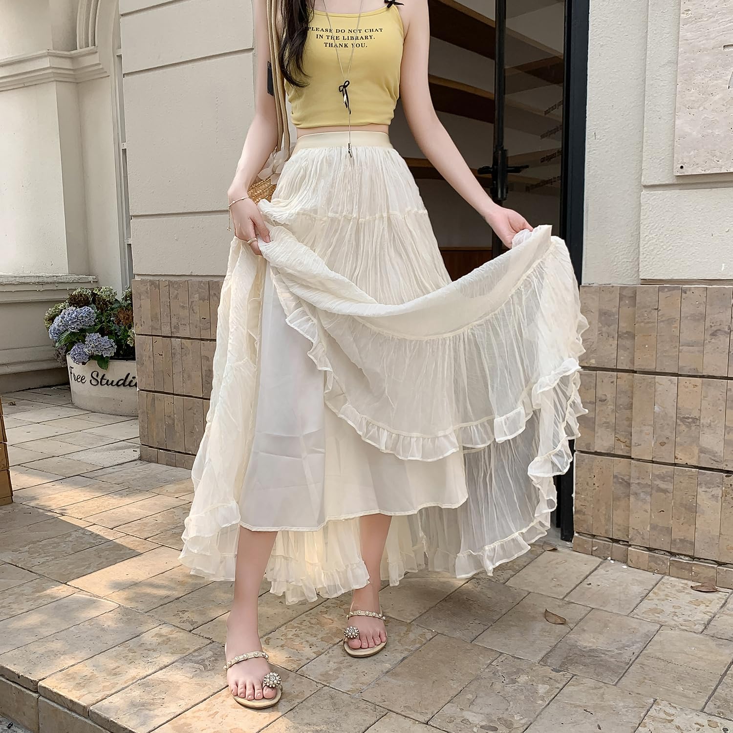 Gonna Lunga Carina Donna Vita Alta A Linea Fluida Pieghettato Vita Elastica Estate Boho Maxi Gonne Solida Colore Skirt