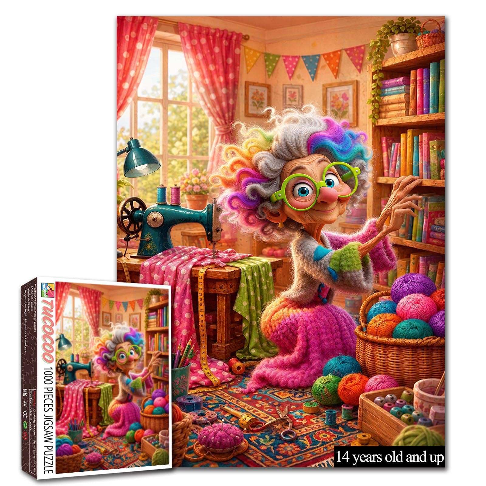 Funny Granny Knitting 1000 Piece Jigsaw Puzzle Colourful Sewing Room Puzzle — image 1