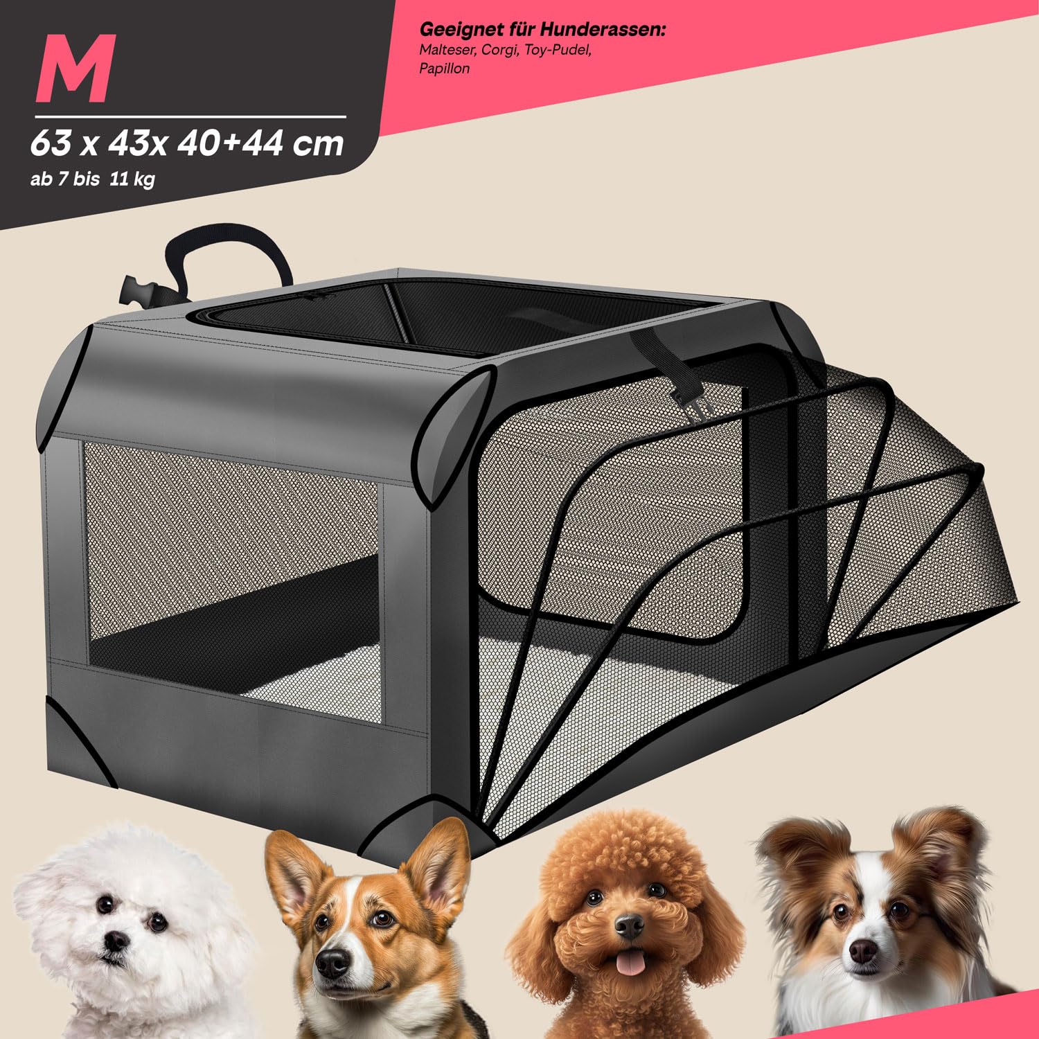 all Pets United® Składana torba transportowa dla psa i kota – 63x43x40 cm | Rozbudowa boczna, wodoodporny nylon Oxford, stalowa rama – idealna do pociągu, samochodu i samolotu