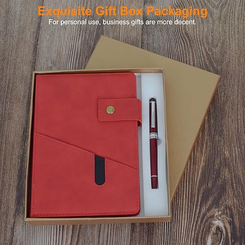 Miniatura 7 de Cuaderno de cuero rayado A5 rojo, juego de diario personalizado de tapa dura con bolígrafo y caja de regalo, 100 páginas de papel de rayas gruesas
