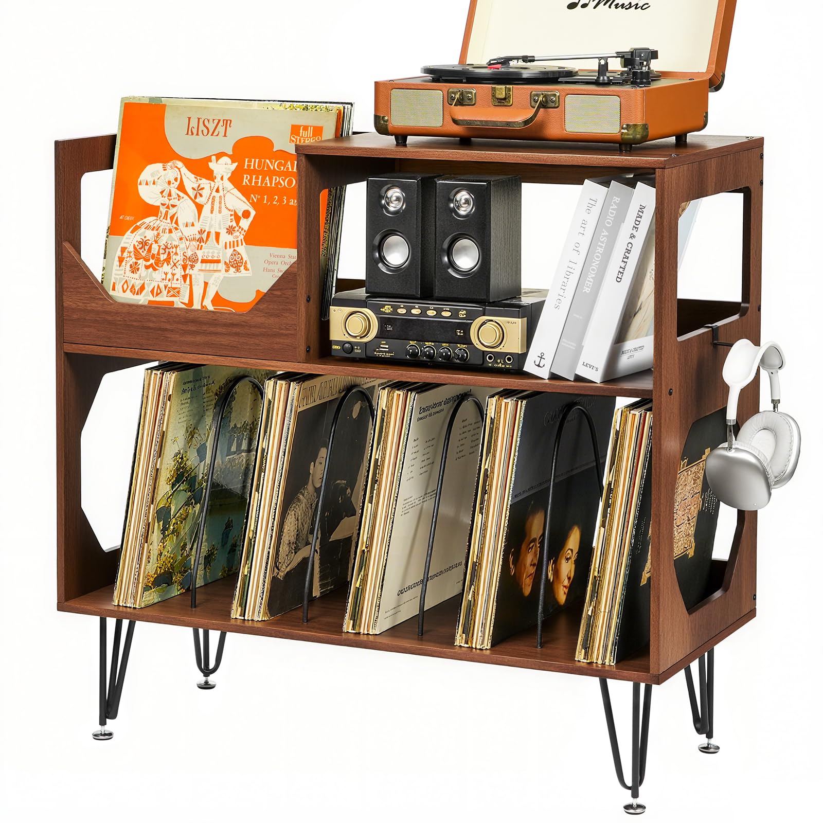 Großer Plattenständer mit Aufbewahrung,Plattenspieler-Ständer mit Ablage,Vinylplatten-Halterung mit Präsentationsfläche,Plattenständer für bis zu 370 Alben, Plattenregal für Musikzimmer und Wohnzimmer