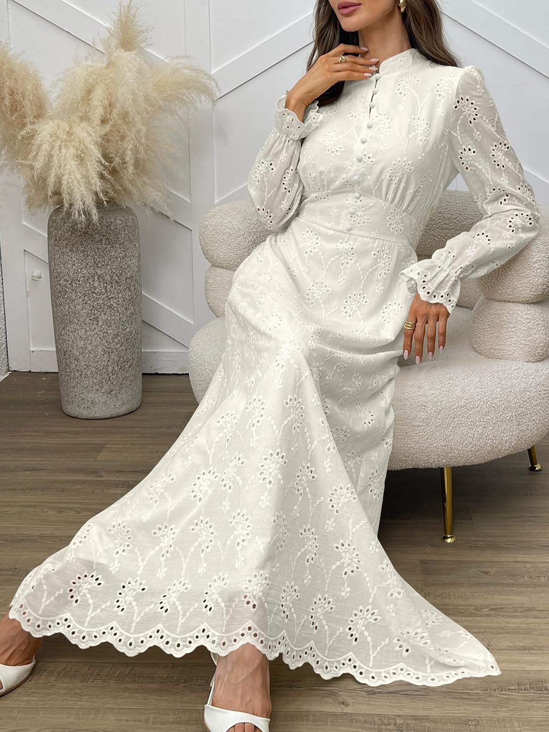 ANRABESS Wedding Guest Dresses for Women 2025 Fall Formal Long Sleeve Eyelet High Neck Elegant Classic Maxi Dress Pockets - Image 5