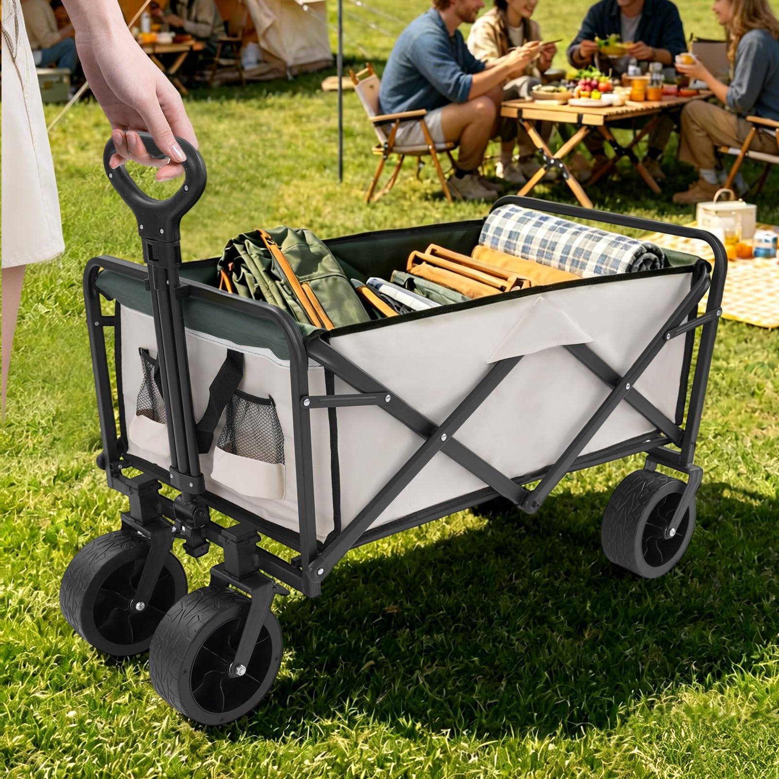 Składany wózek transportowy o nośności 115 kg, koła 20,32 cm (khaki) | Deinungen Składany wózek kempingowy z regulowanym uchwytem (74-98 cm) na plażę, zakupy i do ogrodu, 89,5 x 51 cm