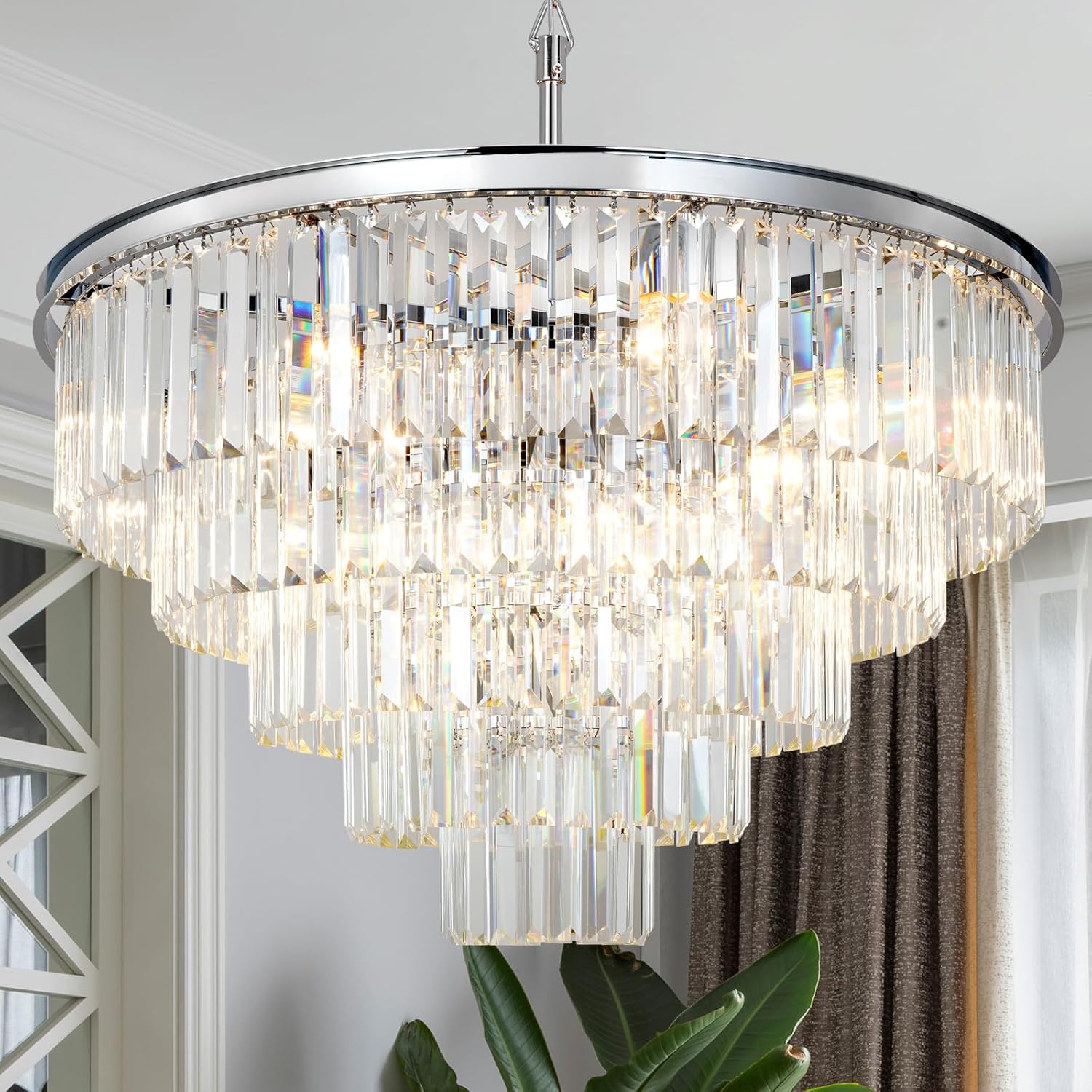 W31.5 Polished Chrome Chandeliers Modern Large Crystal Chandeliers for Dining Room Bedroom Entryway Chandelier Light Fixture Contemporary Round Pendant Ceiling Lights 5-Tier 16-Light